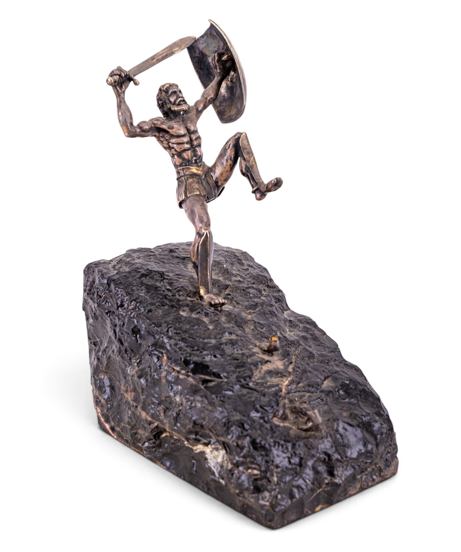 Yaacov Heller "David Slaying Goliath" .925 Silver: Mid-to-late 20th-century figurative sculpture titled "David Slaying Goliath" by renowned Israeli-American artist Yaacov Heller (b. 1941). Note: Missing its Goliath (only Goliath's feet attached). Piec