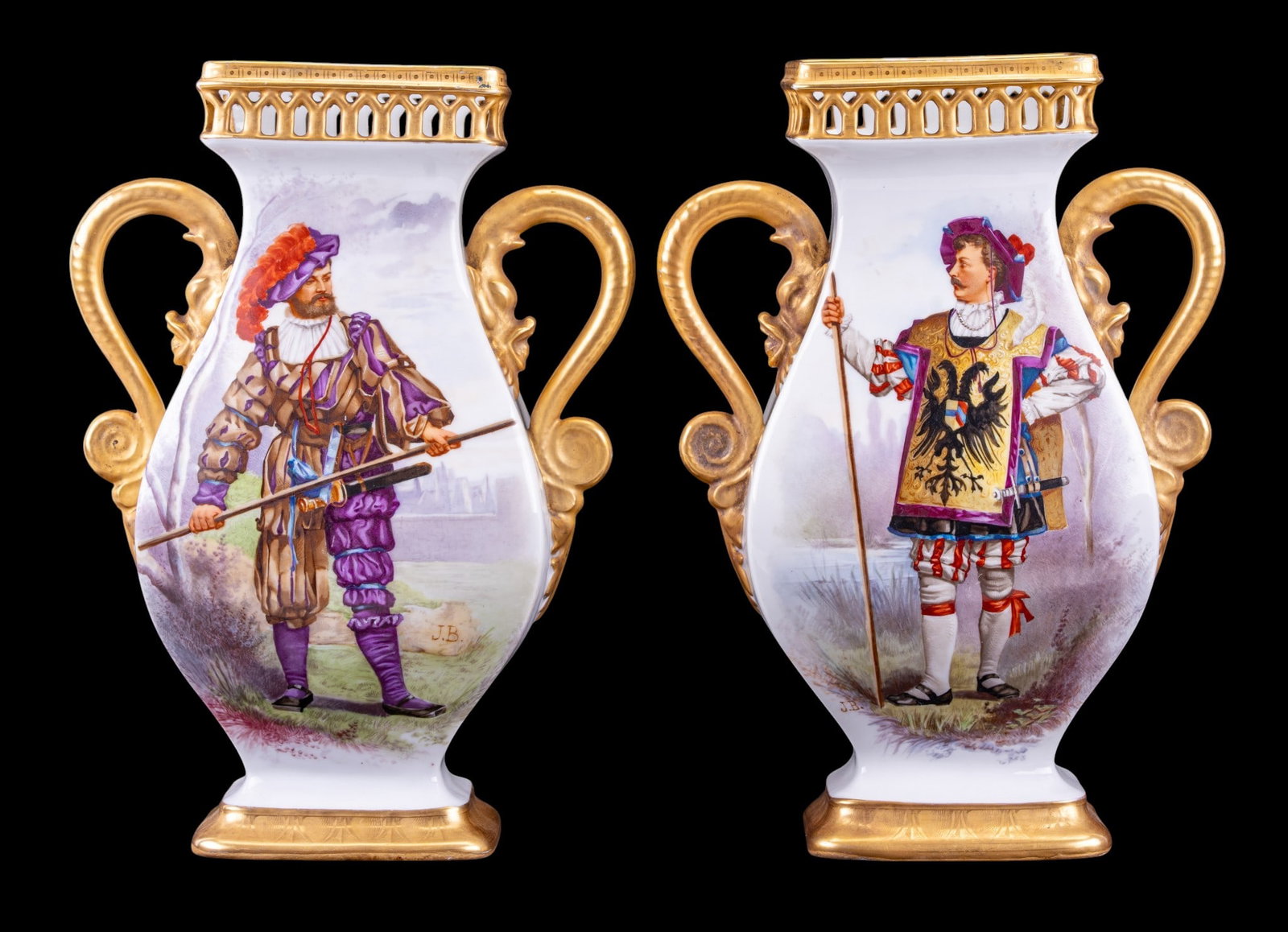 Pair of 19th C Gilt Continental Regimental Vases (1 of 12)