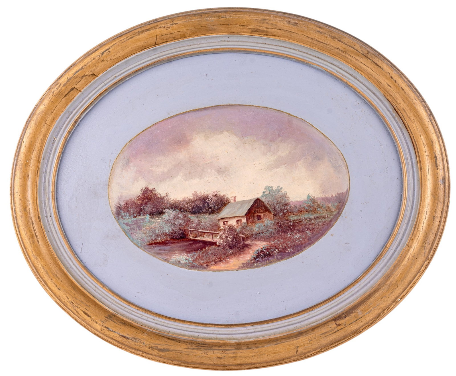 Oval Framed Landscape Oil Painting on Board: Deep Oval wooden frame with a gold finish encases a painted landscape on board, featuring a house beside trees under a cloudy sky. Some surface wear, including scuffs and paint loss, while the paintin
