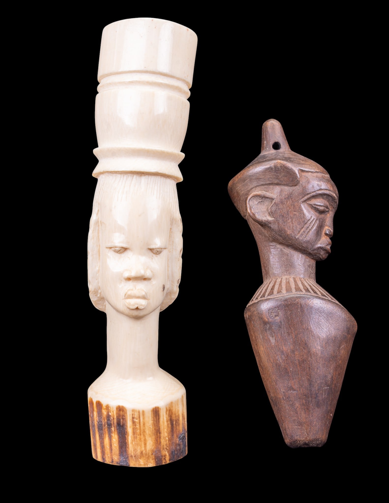 Carved Natural Vessel & Pottery Figure.: Carved vessel depicting a female bust, crafted from natural material. Item stands 8.5 inches high. May only be sold within Pennsylvania in compliance with the Endangered Species Act. Surface displays 