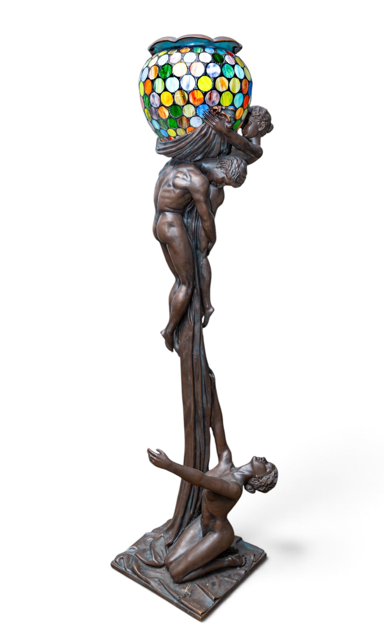 Bronze and Stained Glass Figural Floor Lamp: This striking piece is an Art Nouveau figural bronze floor lamp modeled after a famous design titled "The Leaving": (also sometimes referred to as "The Abandoned" or "Die Verlassene") and is engraved 