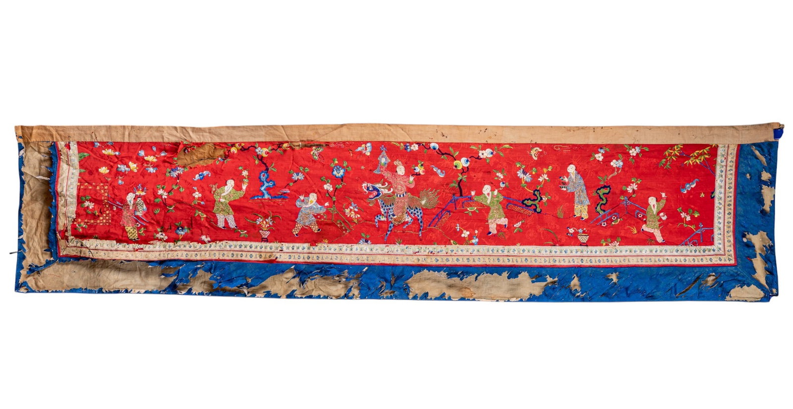 Late Qing Dynasty Antique Figural Panel: Antique Chines red silk-ground embroidered figural panel and dates to the late Qing Dynasty (late 19th to early 20th century). The embroidery features hand-stitched depictions of auspicious Daoist imm