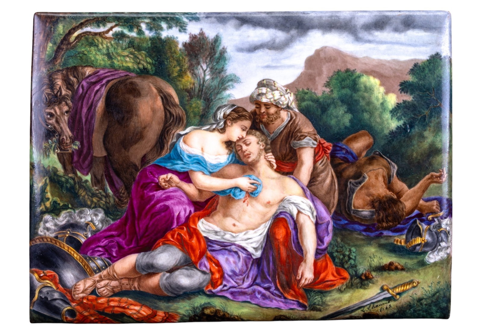 Plaque of Venus Lamenting the Death of Adonis: Beautifully detailed 19th century fine art porcelain plaque hand painted in 1862 by C. Chauret. The scene is a masterfully rendered academic copy of an Old Master composition depicting Venus