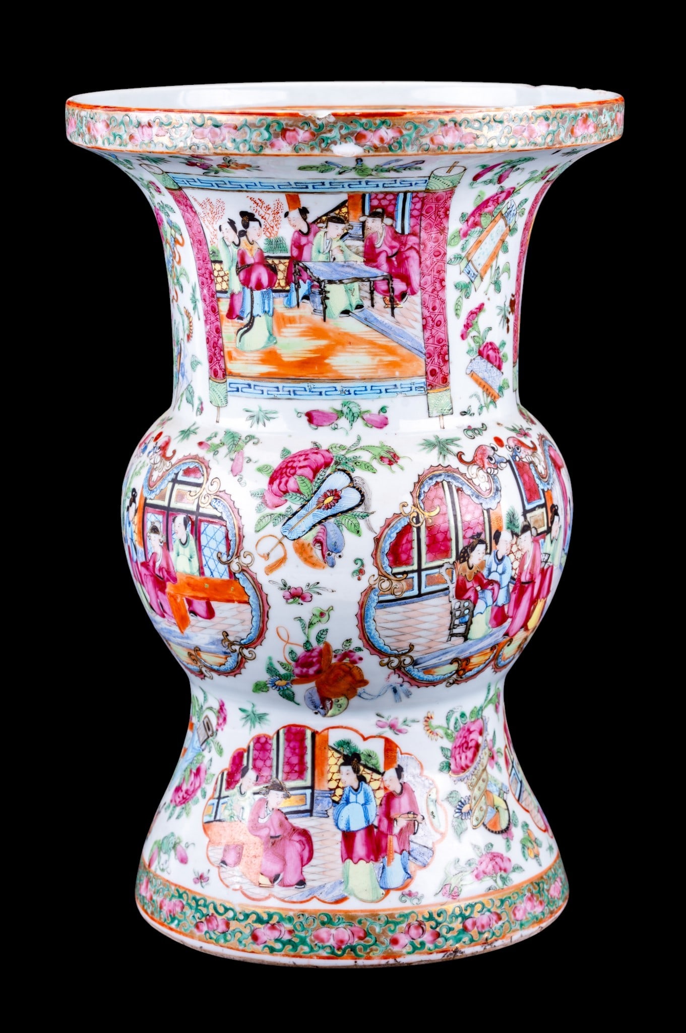 Chinese Famille Rose Vase ,13.5 Inches High: 19th-century Chinese Export Rose Medallion Gu-form vase featuring hand-painted famille rose enamels and alternating panels of court scenes and floral motifs Measures 13.5 inches high and 9 inches in