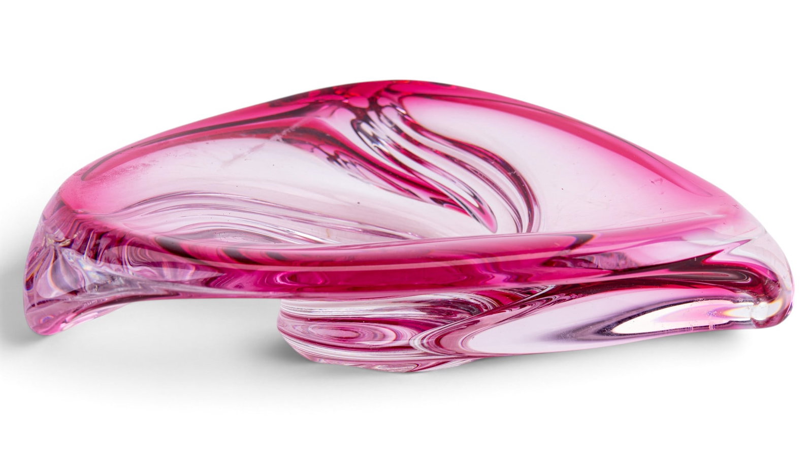 Pink Crystal Swirl Centerpiece Bowl: Pink crystal centerpiece bowl featuring a swirl pattern design. Measures 13.5 inches in diameter and weighs 16.6 lbs. The bowl has a thick, sculptural form and smooth polished surface. No maker's