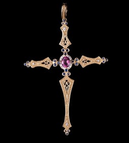 14K Gold, Diamond & Semi Precious Cross Pendant