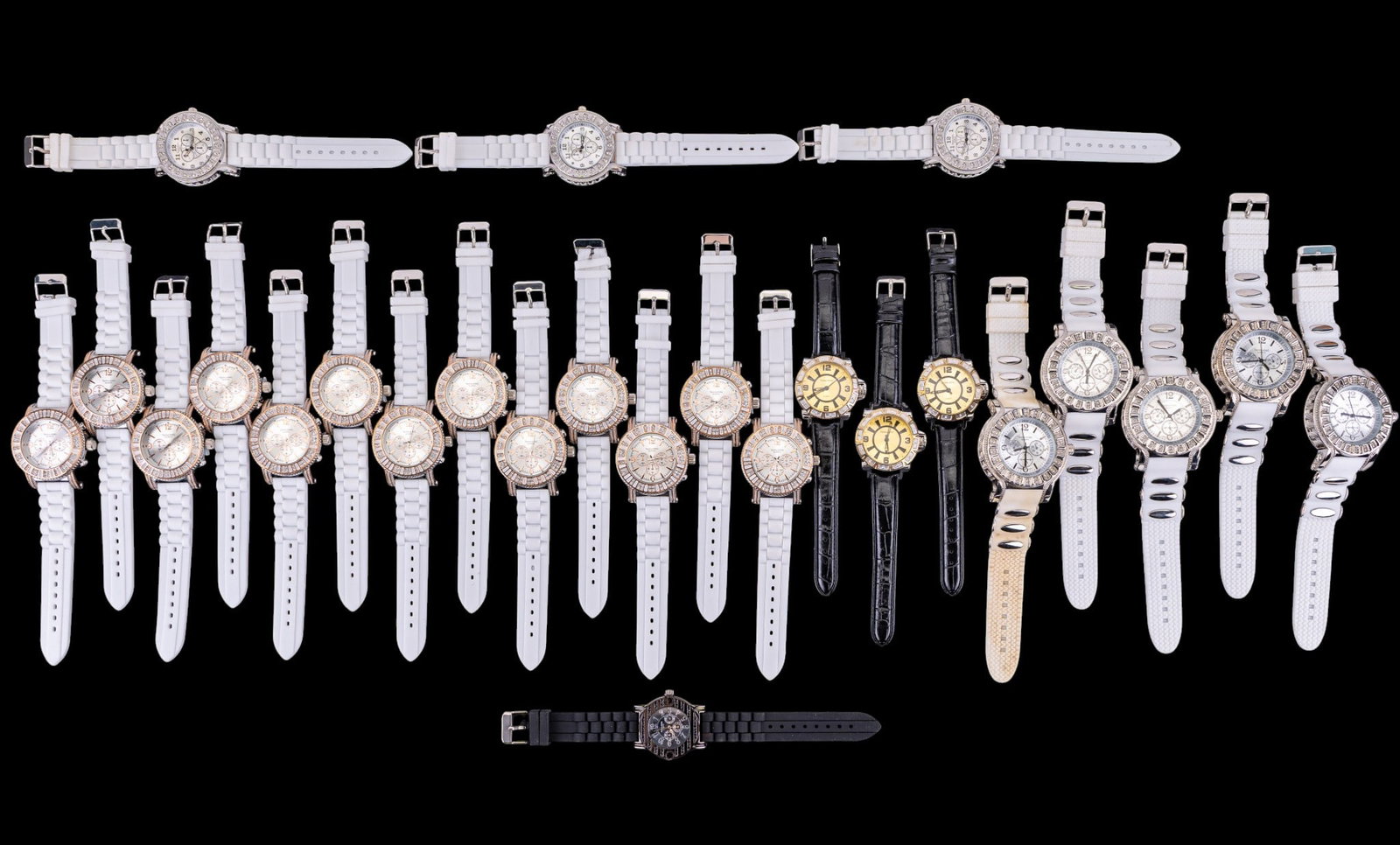 25 Techno King Quartz Wristwatches: Group of approx. 25 contemporary Techno King quartz wristwatches in assorted designs, colors, and finishes. Sold as found.