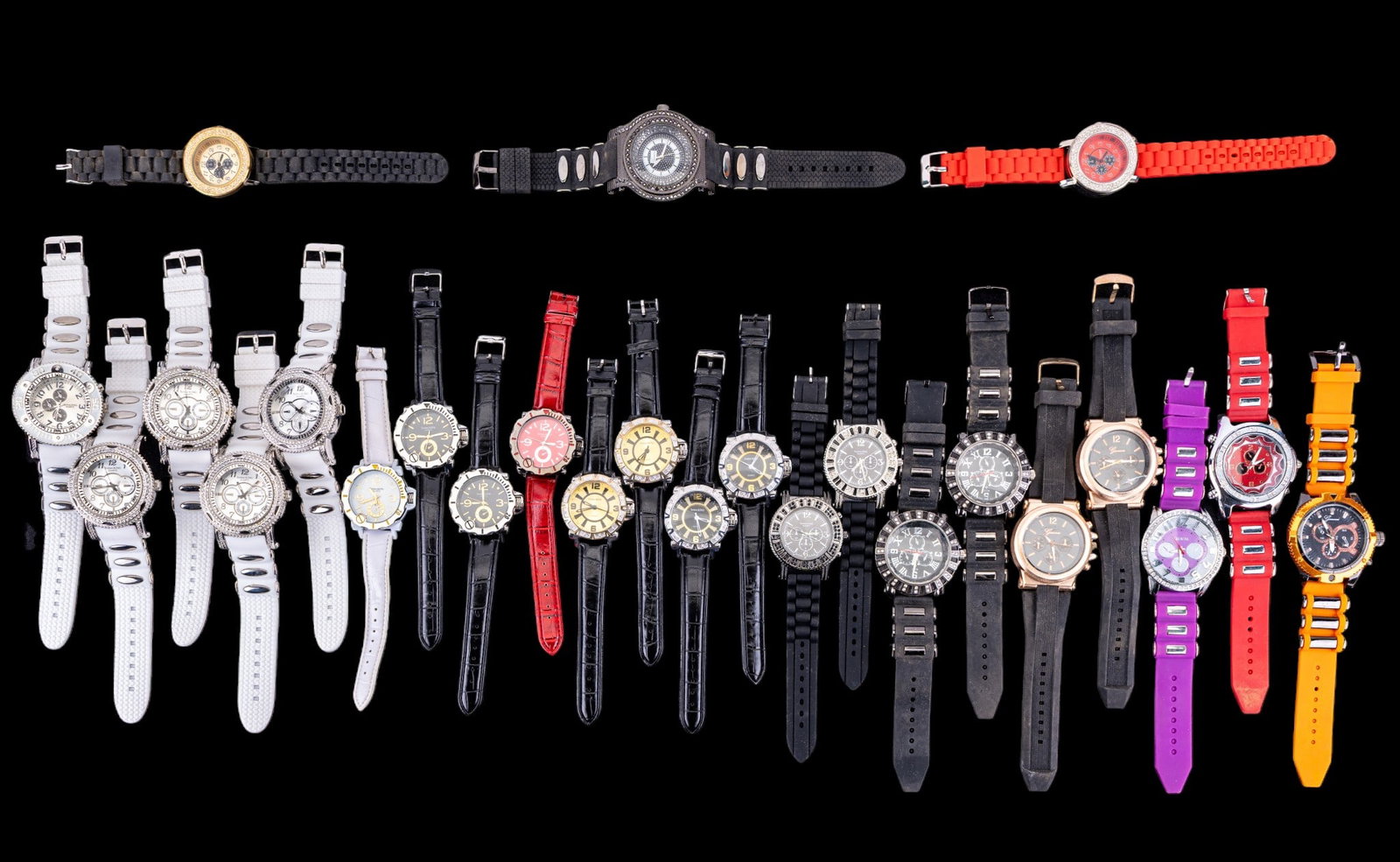 25 Techno King Quartz Wristwatches: Group of approx. 25 contemporary Techno King quartz wristwatches in assorted designs, colors, and finishes. Sold as found.