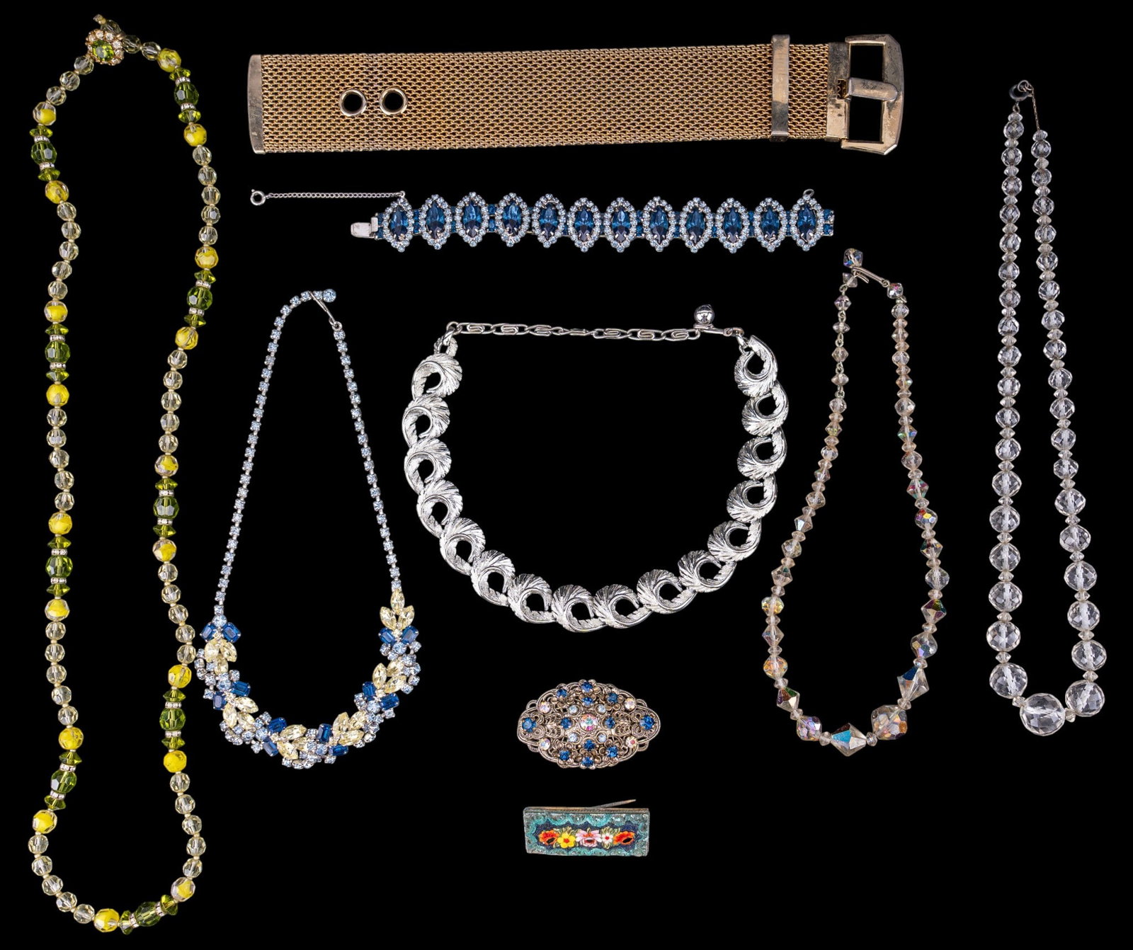 Weiss, Lisner, Estate Jewelry: Blue rhinestone Weiss bracelet, yellow and blue rhinestone necklace, crystal necklace, silver tone Lisner necklace, pins, and large buckle bracelet.