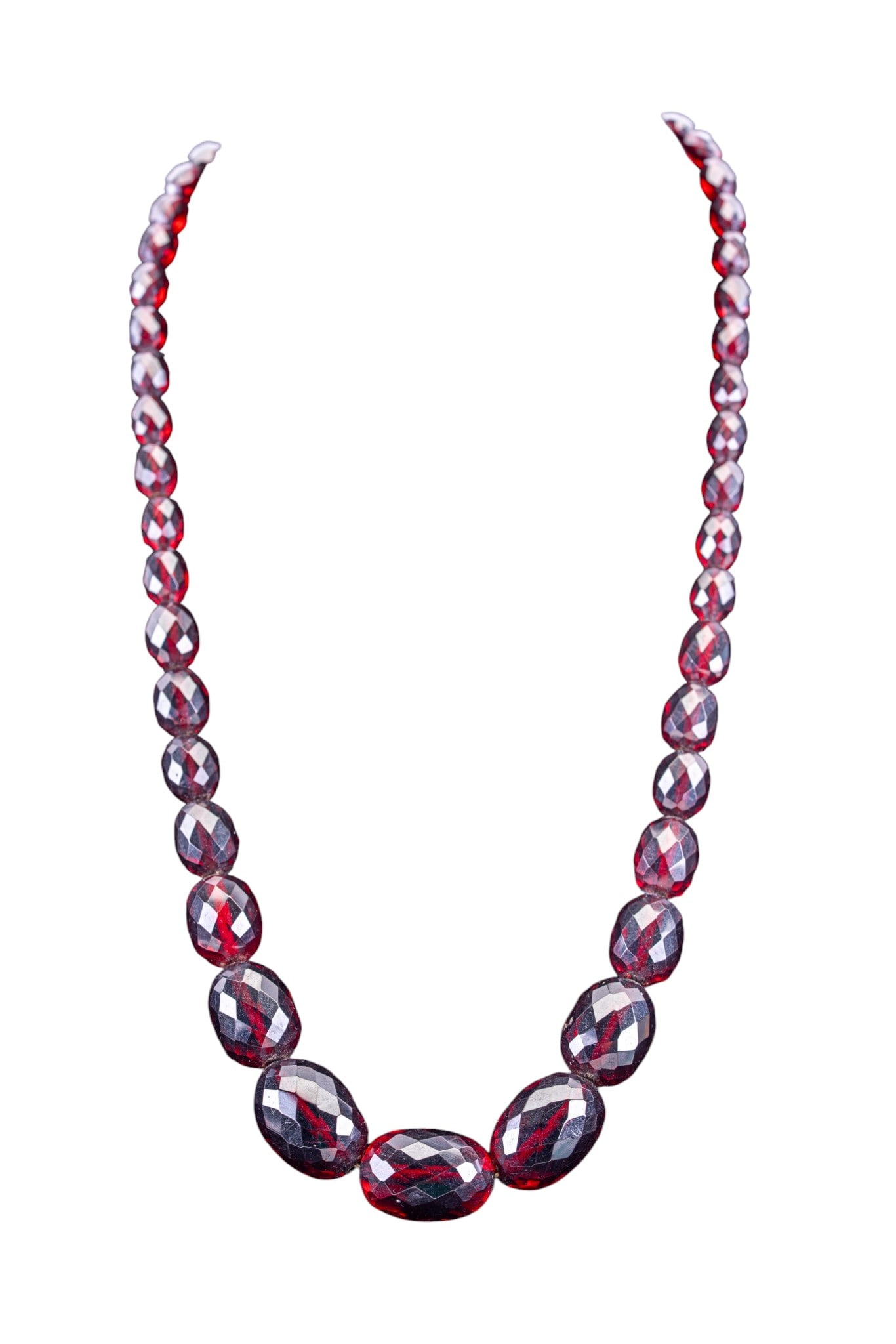 Red Amber Necklace: Faceted reddish amber vintage necklace with gold-filled closure.