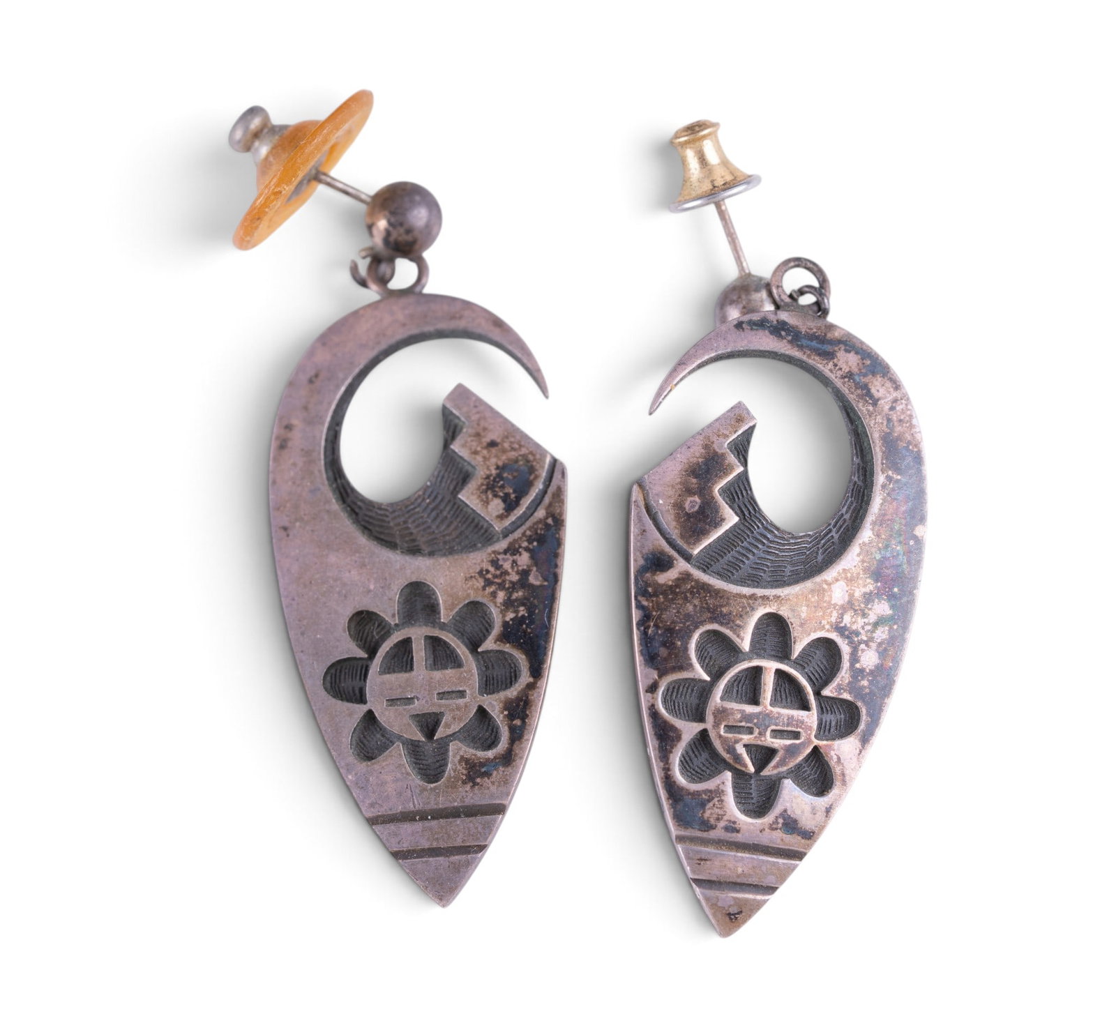 Emery Holmes Sun Kachina Sterling Earrings: A pair of sterling Sun Kachina stud dangle earrings by artisan Emery Holmes, weighs approx. 13.38g.