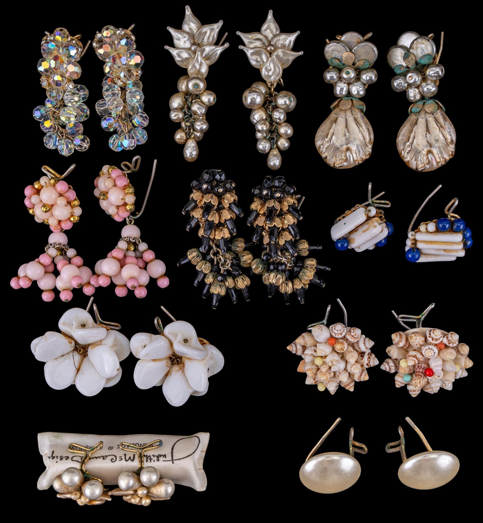 Group of Vintage Wing Back Earrings: Includes crystal, pearl-style, shell, pink plastic and others.