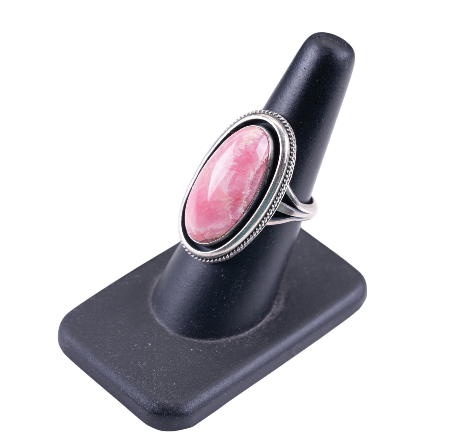 James Lee Native American Ring: Sterling vintage Native American ring signed by maker James Less, set with large pink rhodochrosite stone.