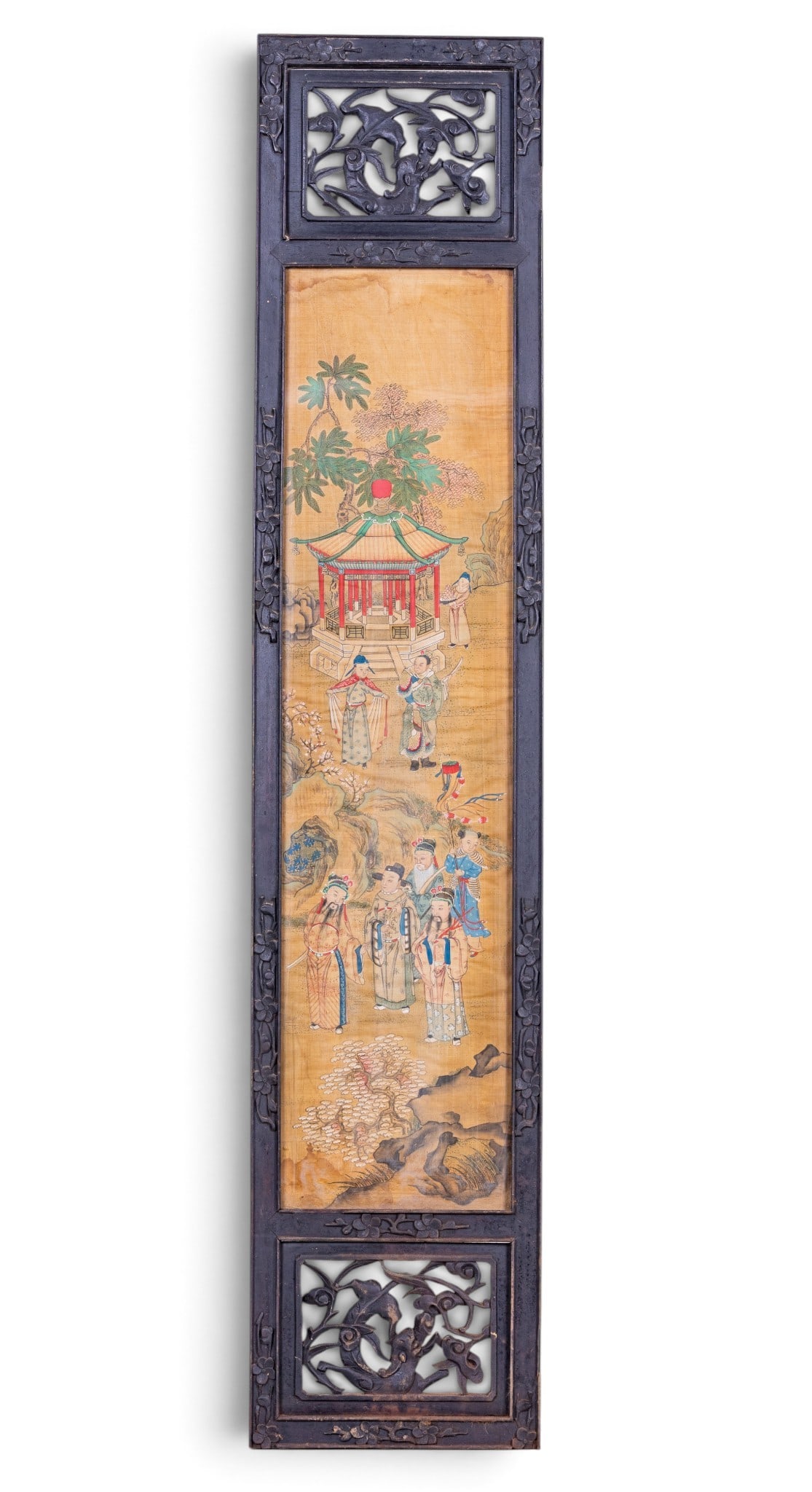 Chinese Silk Panel in Carved Frame: Chinese silk panel set in a carved wooden frame, likely originating from the late 19th century to early 20th century (late Qing Dynasty to Republic period). The panel features a hand painted scene on