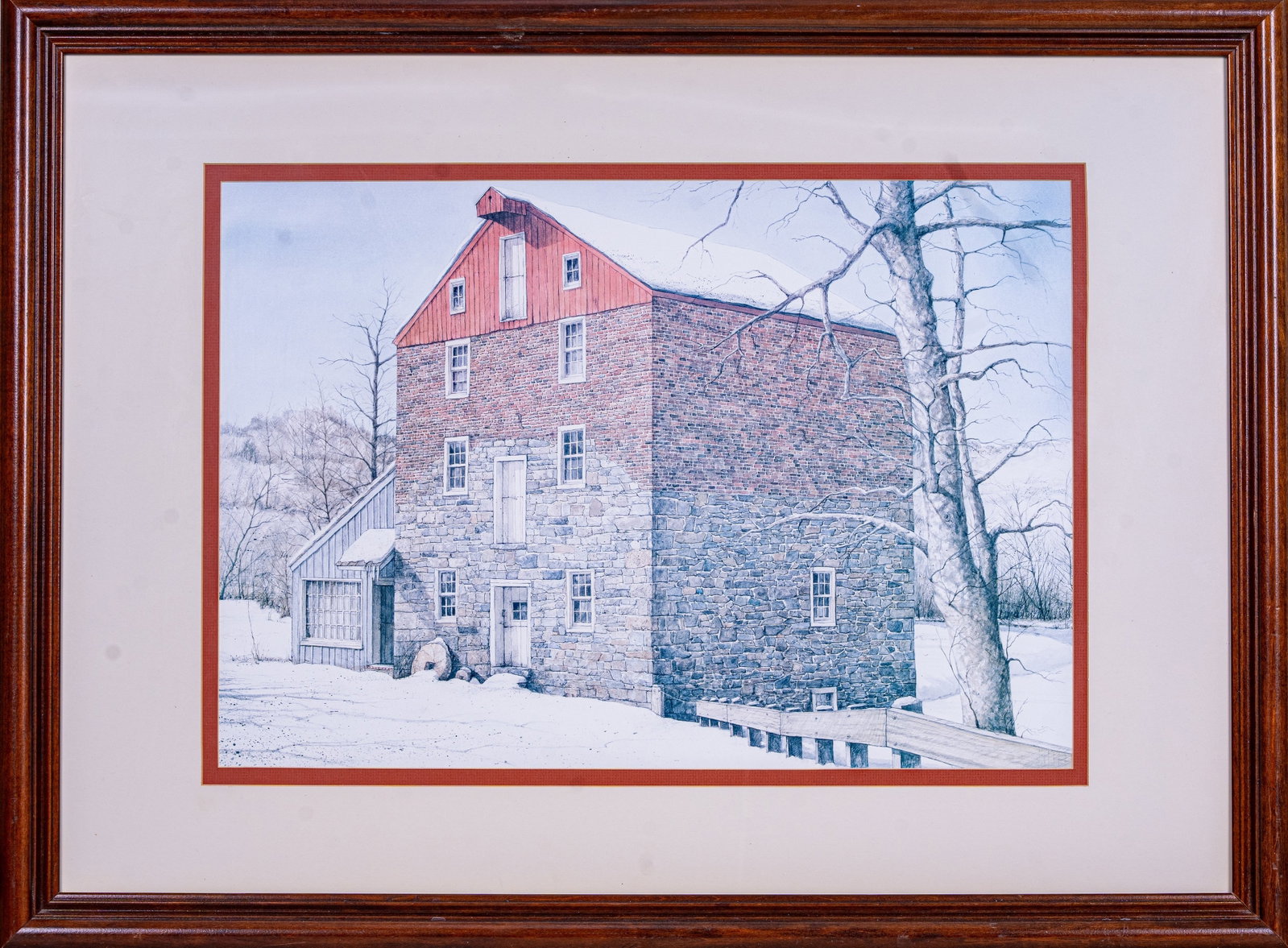 Closed For Winter Print: Framed print titled, "Closed For The Winter" by the well-known American landscape artist Dan Campanelli. This piece depicts a classic mid-Atlantic stone grist mill standing in a serene snow-covered wi