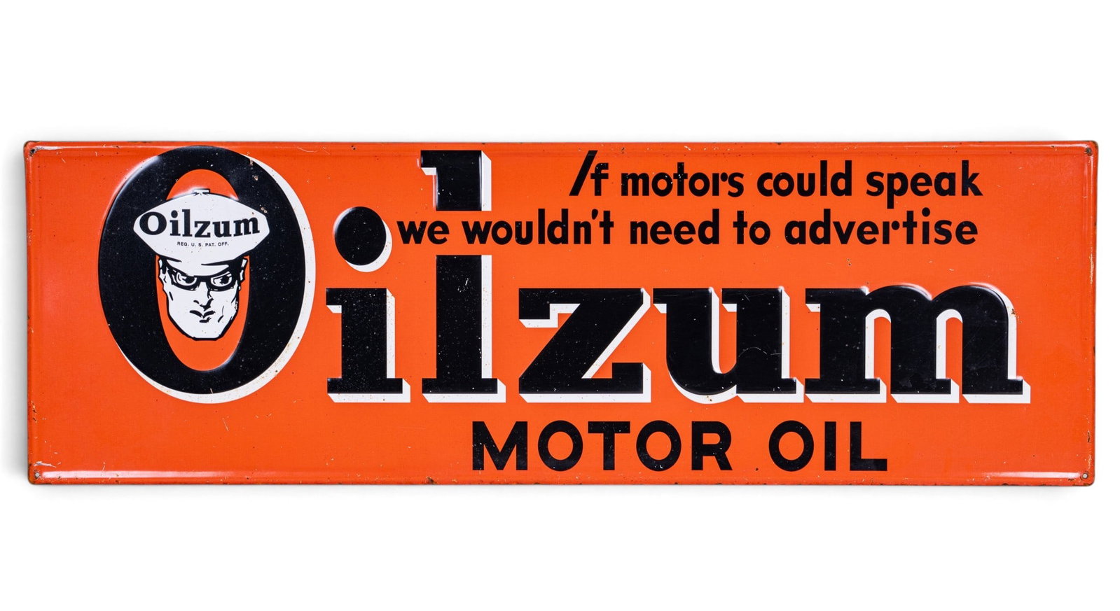 Early Oilzum Motor Oil Enameled Sign: Early Oilzum Motor Oil enameled tin sign. Measures approx. 11.5" x 35".