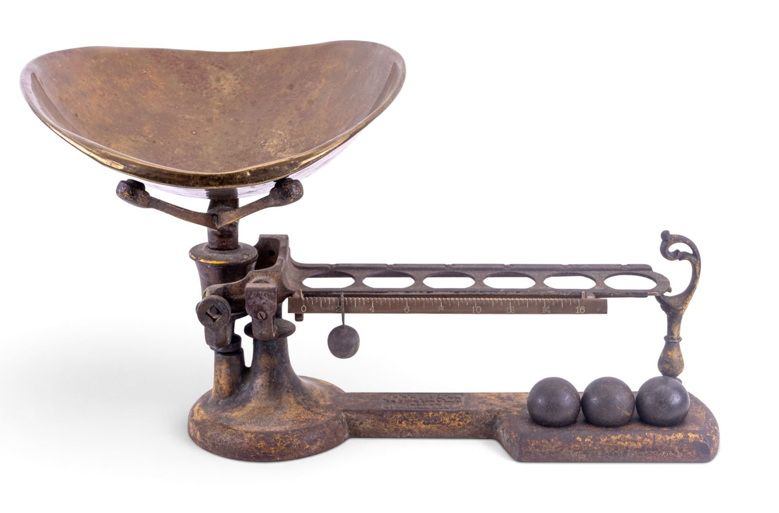 Henry Troemner Cast Iron Scale with 3 Metal Weighs: This is a vintage Henry Troemner scale from Philadelphia, PA, made of cast iron with a brass weighing pan and includes three metal weights. The piece is marked with the maker?s name and location.