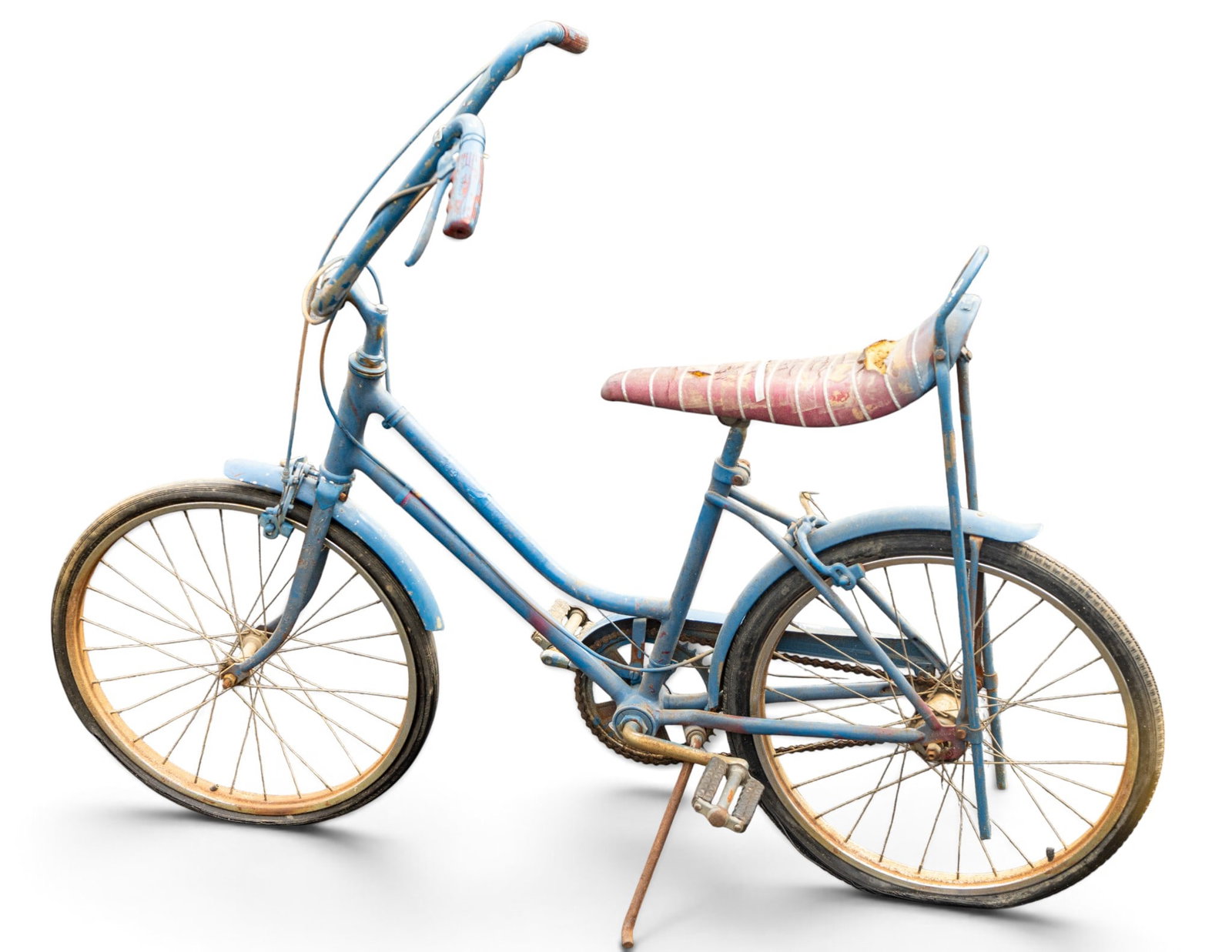 Blue Banana Seat Children's Bicycle: Blue children's bicycle featuring a tall handlebar design and an elongated, striped banana seat with visible wear and damage. Frame, pedal, and tire conditions consistent with significant age and