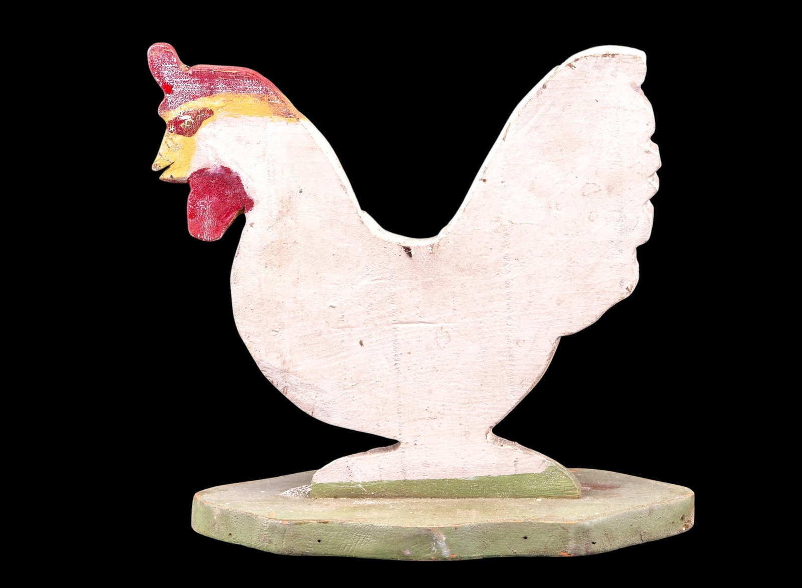 Kay Vista Ranch Advertising Wooden Chicken: Painted wooden chicken figure marked Kay Vista Ranch, DiGiorgio Fruit Corporation, California. Features painted facial and comb details on a shaped base. Measures approximately 10" L x 4.5" W x 9.5"