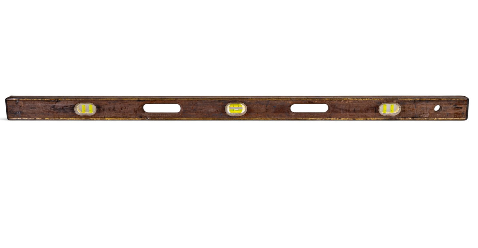 Wooden 4' L Spirit Level with Brass Edges: This wooden spirit level features brass edges and includes multiple bubble vials set in a solid wood body with handholds for ease of use. Some scuffing that adds to its vintage character. Measures