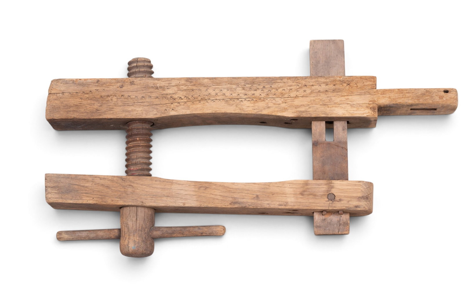 Large Wooden Screw Press w/ Hand-Turned Screw: Wooden screw press. Features a large hand-turned screw mechanism and adjustable sliding blocks, constructed from solid wood. Some minor chips, splits and stains that don't affect function. Vintage