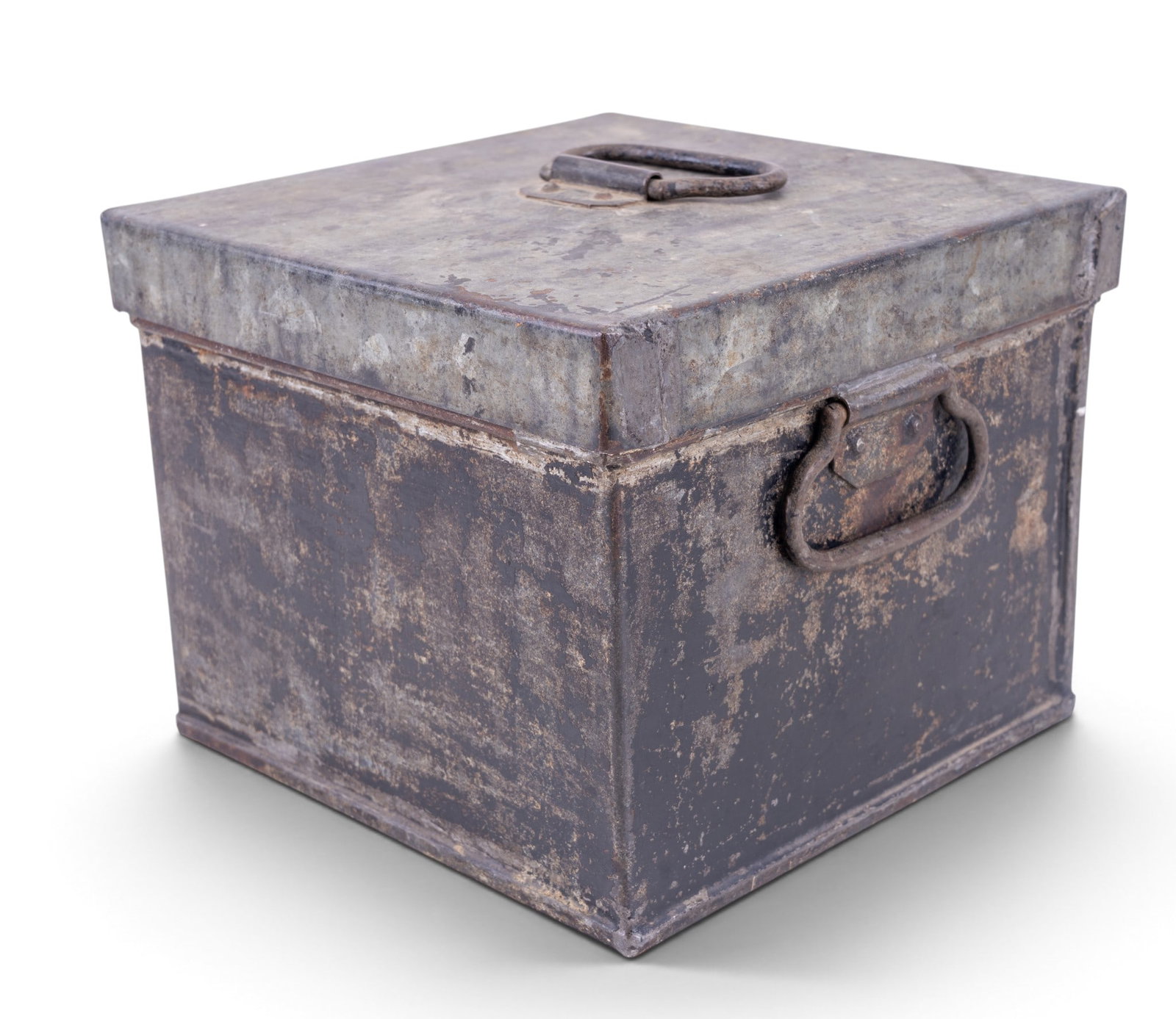 Metal Storage Box with Handles: Rectangular metal storage box featuring a hinged lid and a sturdy metal handle. Displays a weathered surface consistent with extended use. Measures approximately 7.5" L x 7.5" W x 6" H.