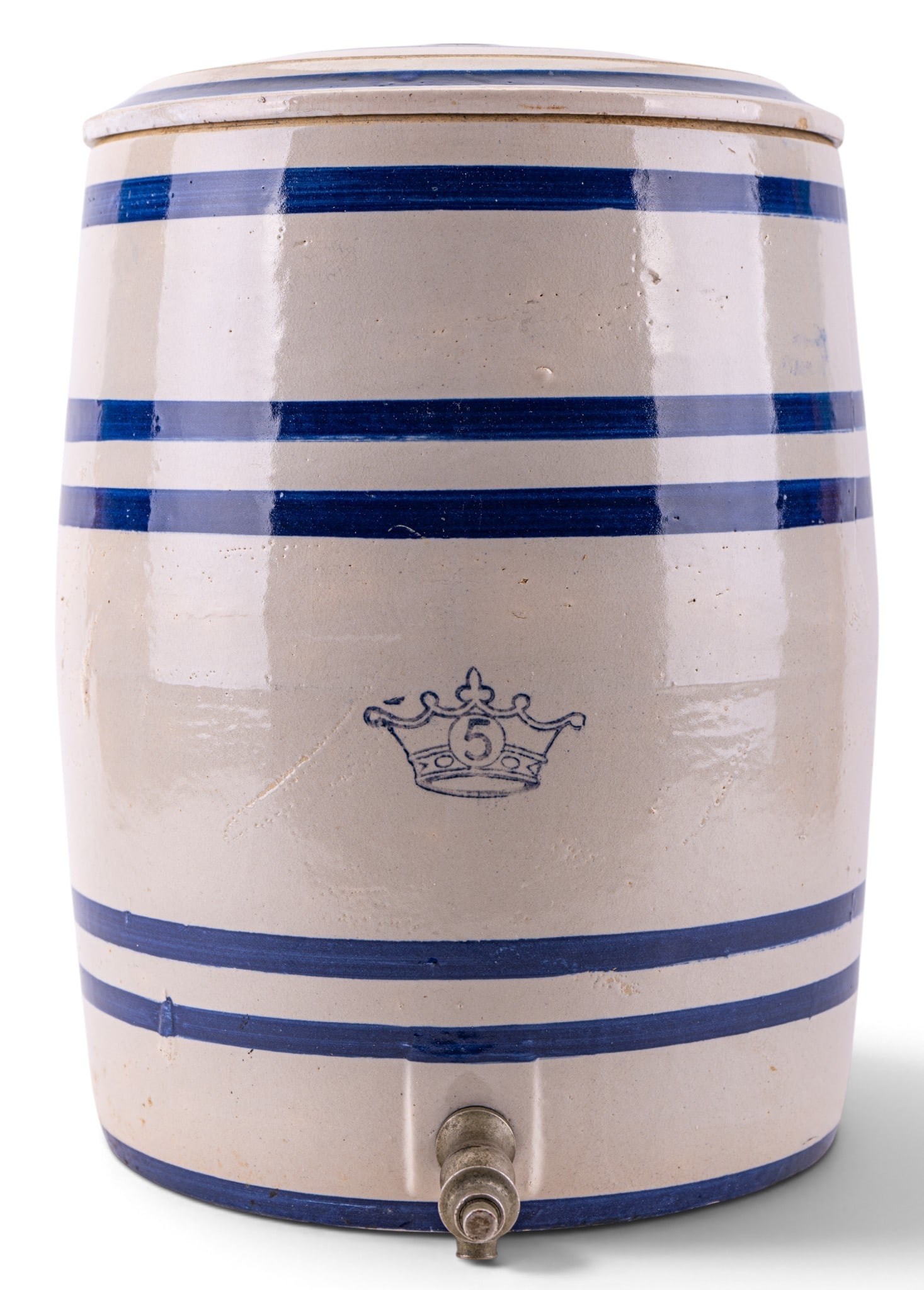 Striped Stoneware Beverage Dispenser with Lid: This large stoneware beverage dispenser features a lid and a push button spigot. It measures approximately 16 inches tall and 11.75 inches in diameter. The piece is decorated with blue stripes and a