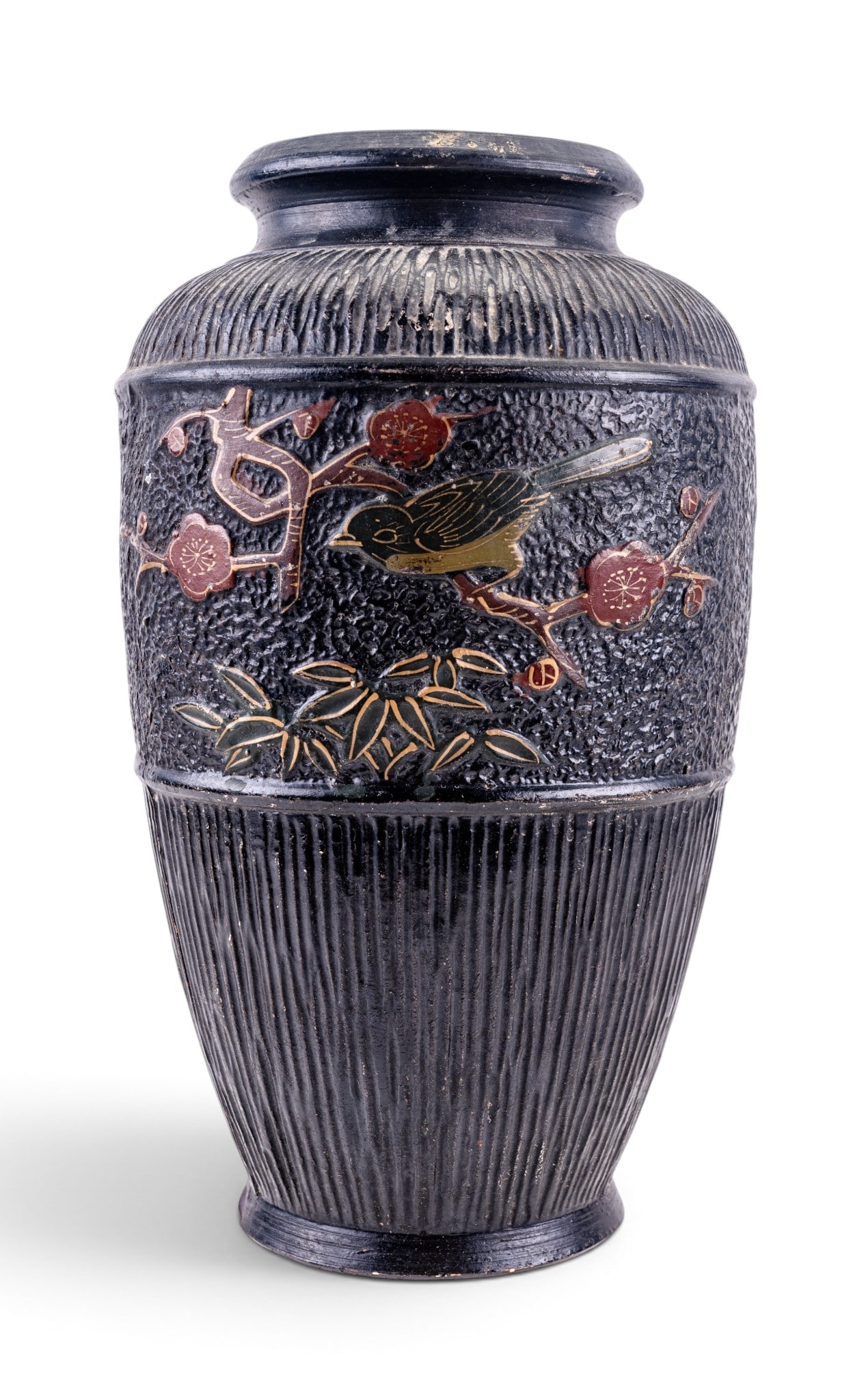 Japanese Black Ceramic Vase with Bird Motif: This is a black ceramic vase marked "Made in Japan? on underside. It features a textured surface with incised botanical and bird motifs highlighted in color. The vase exhibits a ribbed lower section a