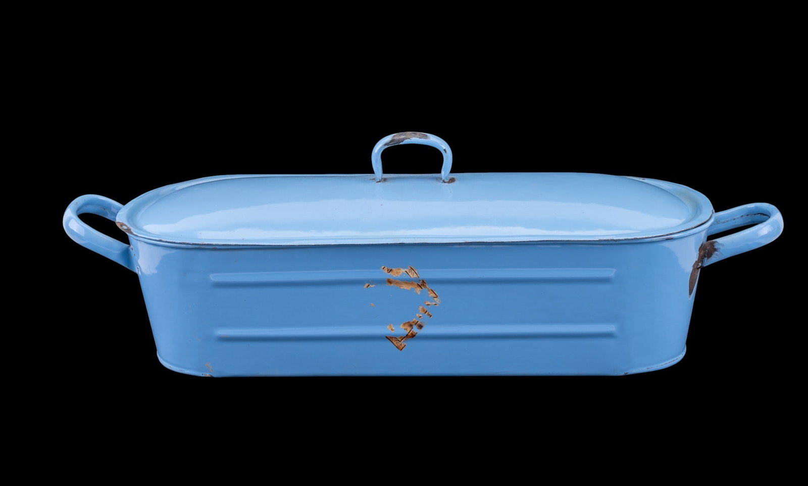 Vintage Blue Enamel Fish Poacher W/ Rack & Lid: Blue enamel fish poacher featuring side handles, matching lid, and a removable white rack insert. The item shows signs of wear with visible chips and scratches to the enamel, particularly on the body
