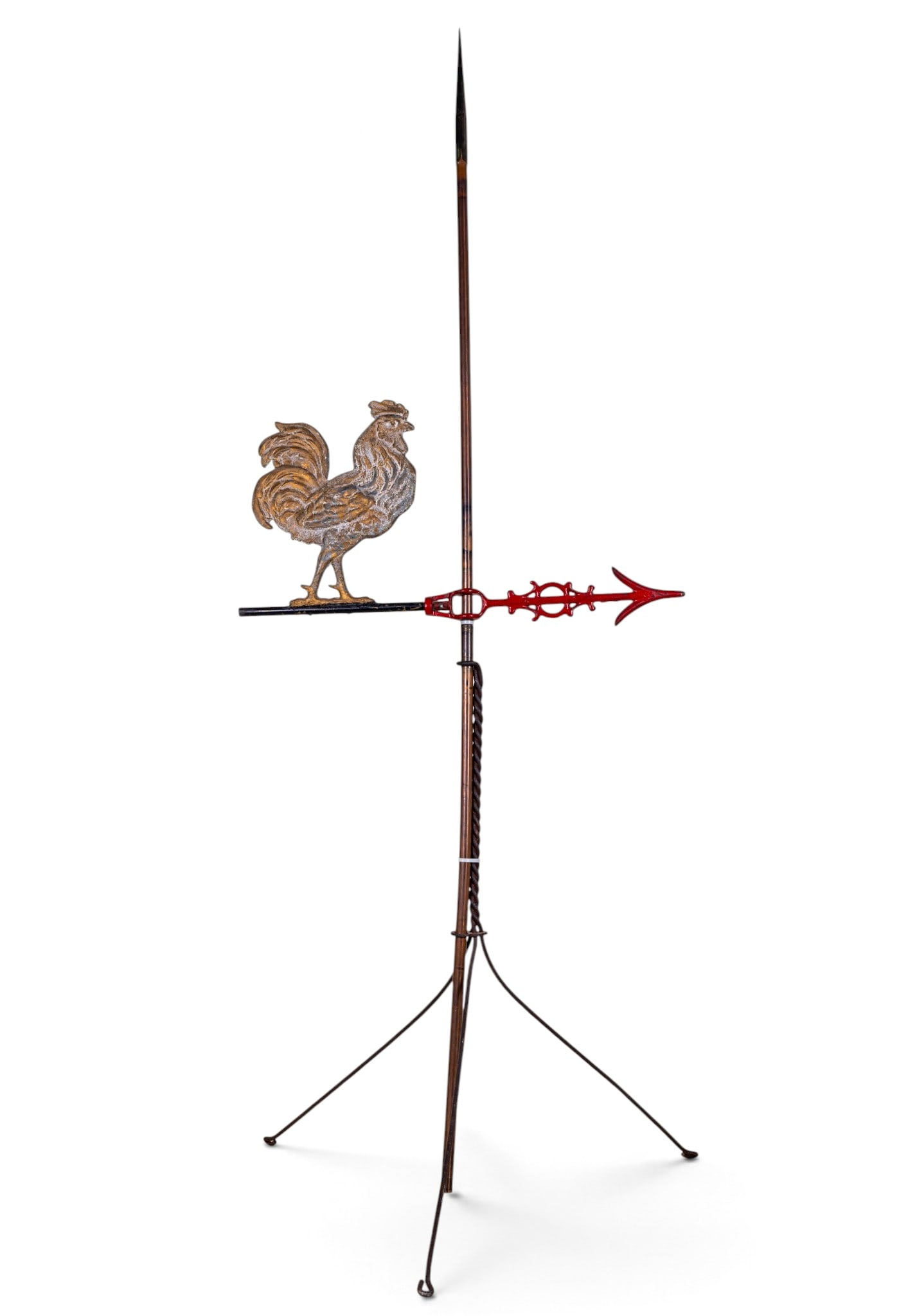 Metal Rooster Weathervane w/ Stand: Metal rooster weathervane mounted on a three-legged metal stand. The weathervane includes a cast rooster figure and a red directional arrow. The stand has a twisted metal post design and tripod-style