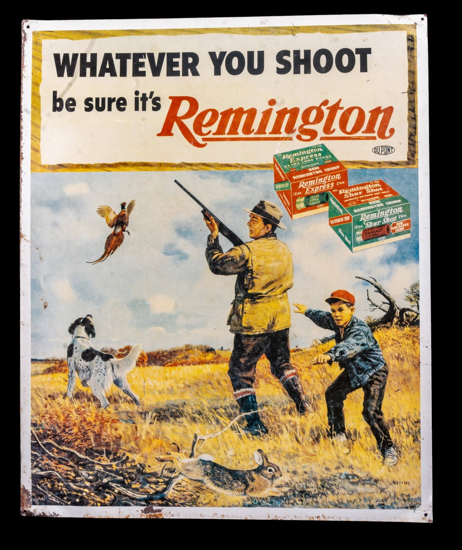 Remington Advertising Tin Sign: Remington tin advertising sign featuring vintage hunting scene art by American wildlife illustrator Bob Kuhn (1920-2007) and Remington slogan ?Whatever You Shoot be sure it?s Remington.? Includes