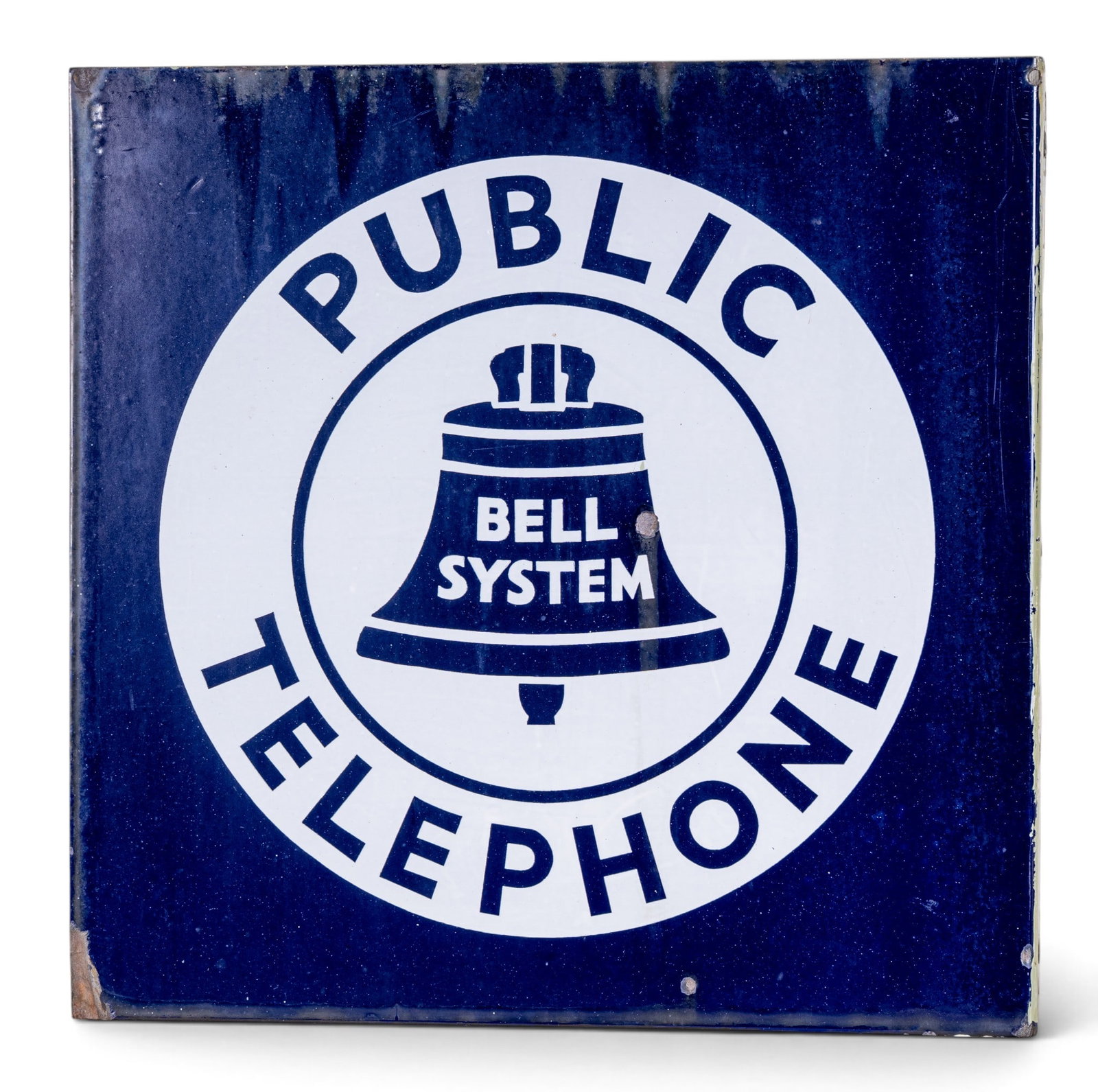 Bell System Public Telephone Enamel Sign: Bell System Public Telephone 2-sided enamel sign with angle mount bracket. Measures approx. 18" x 18" x 2" D.
