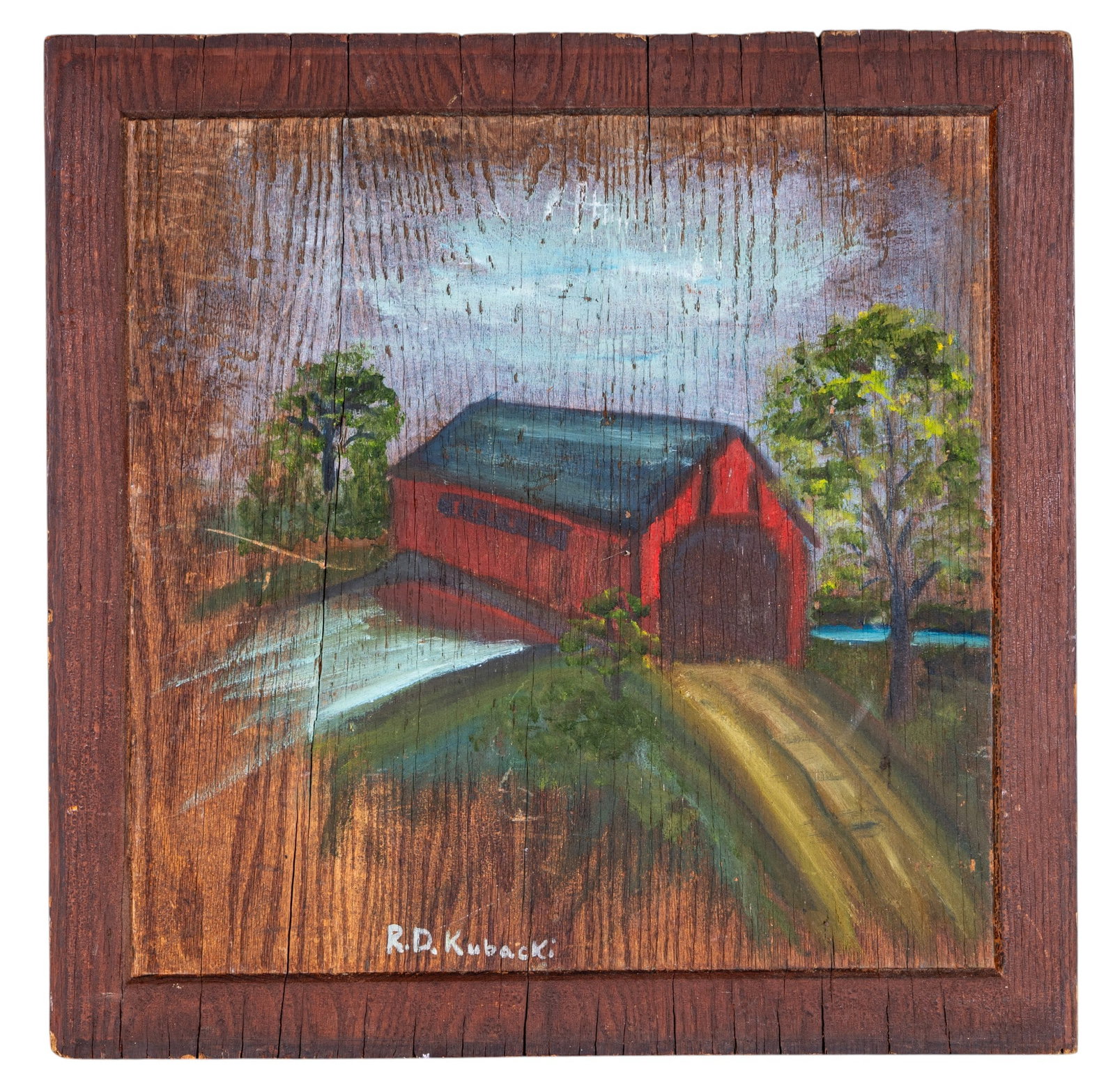 18/19c Wood Panel Folk Art Painting: 18/19th century wooden panel folk art painting, signed R.D. Kubacki. Measures approx. 22.5" Square x 1.5" thick.