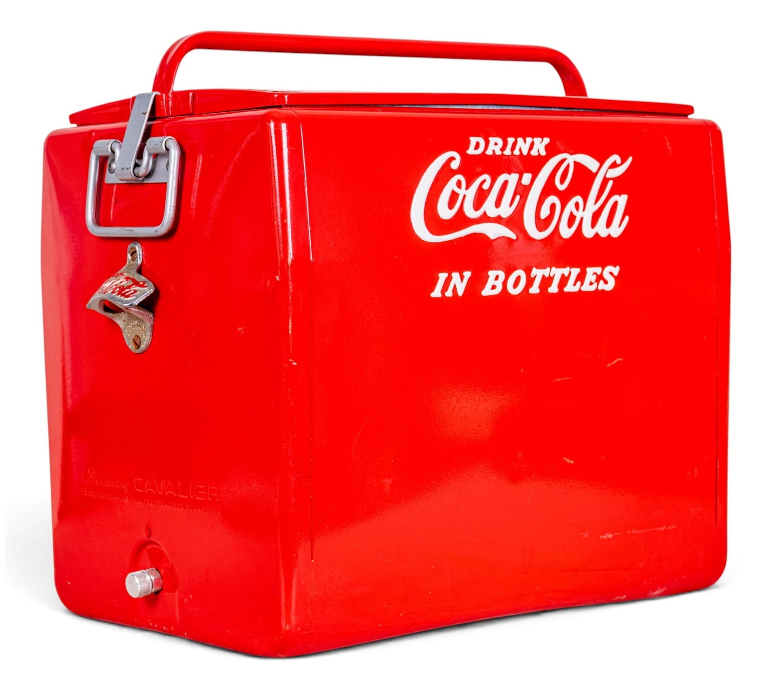 Vintage Coca-Cola Metal Cooler: Vintage Coca-Cola metal cooler with metal tray insert and bottle opener mounted to the side. Measures approx. 19" H x 18" W x 13" D.