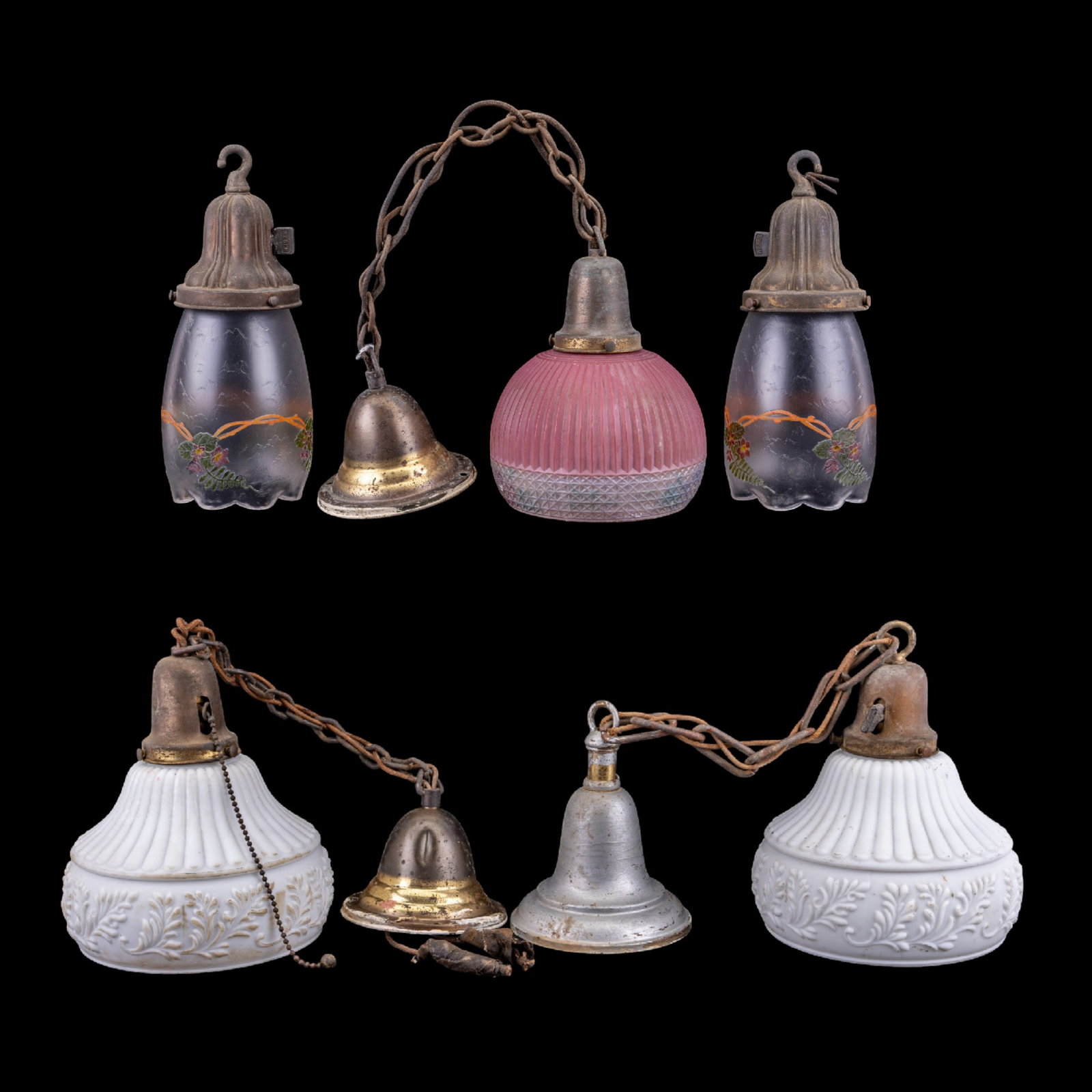 5 Vintage Glass Pendant Lights Assorted Styles: Five vintage pendant lights featuring glass shades with metal fittings. The collection includes styles with frosted and ribbed glass, some with floral designs. Ideal for restoration or matching with p