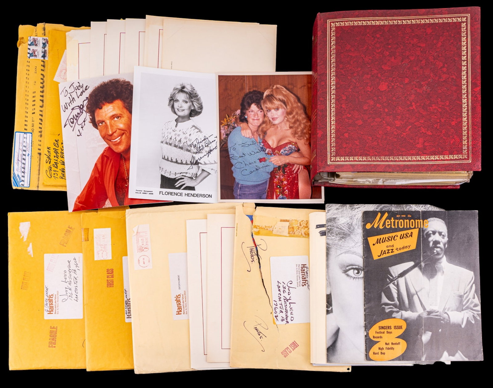 Signed Celebrity Photographs: Album and lose autographed photographs of celebrities, including Florence Henderson, David Copperfield, Tony Orlando, Julie Dees, John Davidson, and others. Includes both color and black-and-white