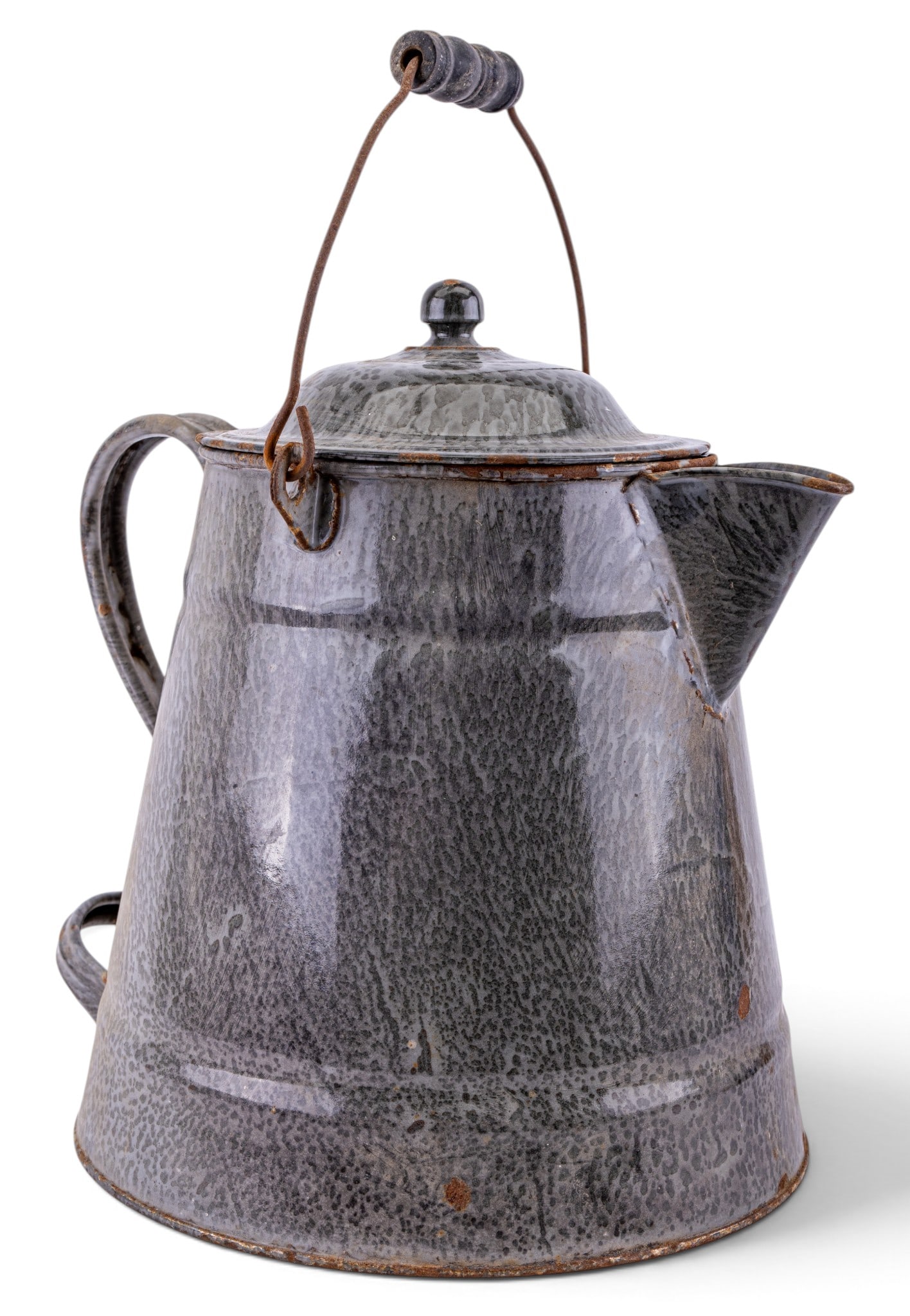 Large Vintage Gray Graniteware Water Kettle 14": Large vintage water kettle in gray graniteware, measuring approximately 14 inches high. Features a lidded top with side handle, spout with integrated strainer holes, and sturdy bale handle. Some