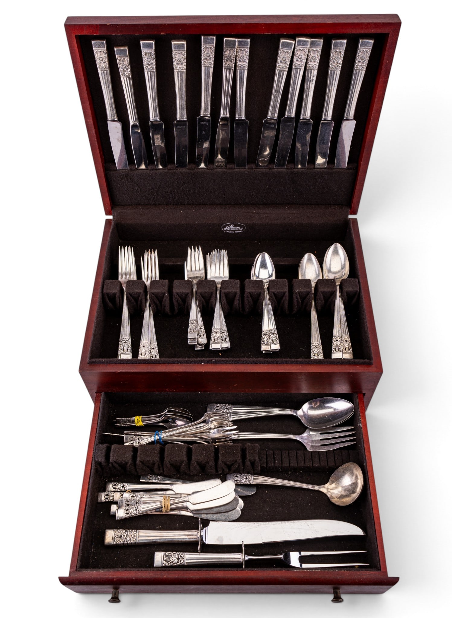 Community Plate Silver Plated Flatware Set in Box: Community plate silver plated flatware, accompanied by Community stainless knives. The set includes butter knives, a gravy spoon, oyster forks, a serving fork, carving knife, salad forks, dinner forks