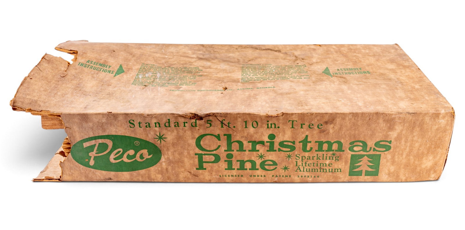 PECO 5'10" Christmas Pine Aluminum Tree in Box: PECO Standard 5 ft. 10 in. Christmas Pine tree made from sparkling lifetime aluminum. Includes original box with assembly instructions, aluminum branches, poles, and metal stand. Some wear on original