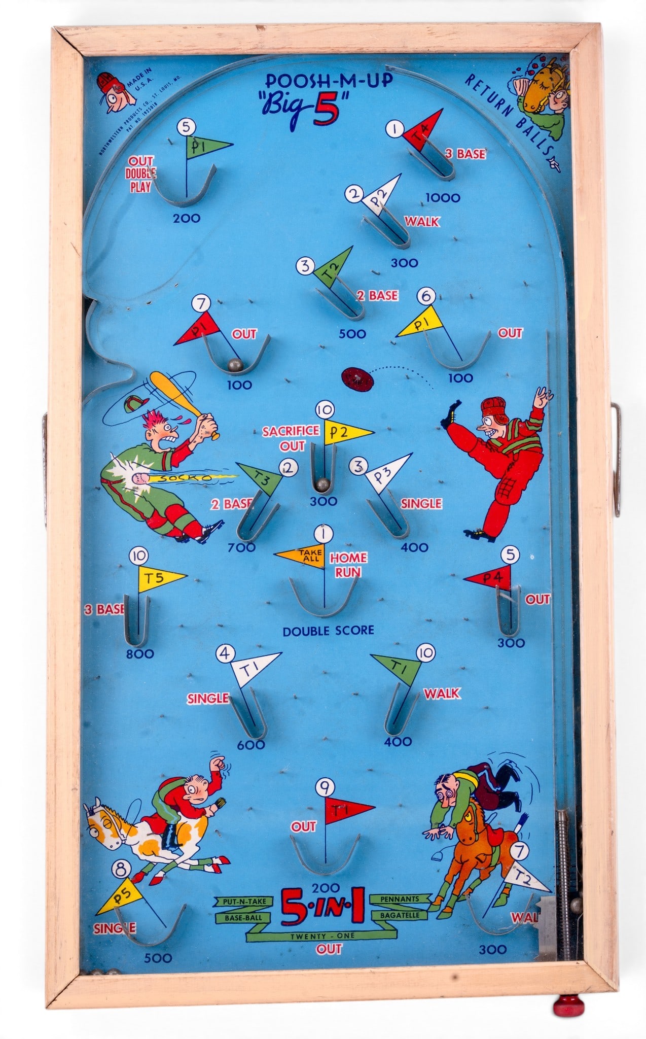 Poosh-M-Up Big 5 Baseball Pinball Game with Box: Poosh-M-Up "Big 5" tabletop pinball game by Northwestern Products Co., St. Louis, MO, USA. Features a baseball theme, glass top, and colorful playfield graphics. Includes original box with matching ga
