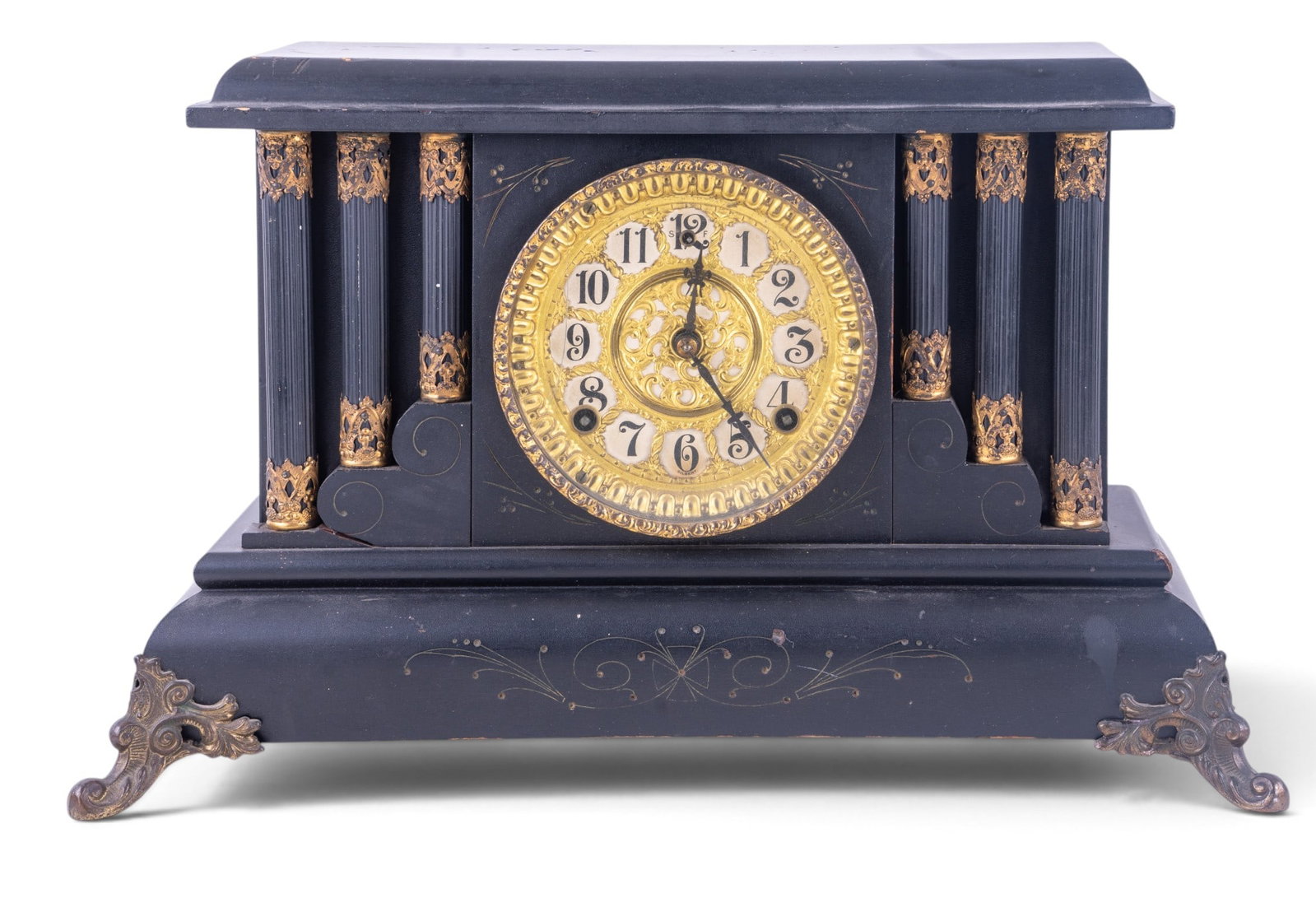 Black Mantel Clock W/ Columns & Winding Key (1 of 14)