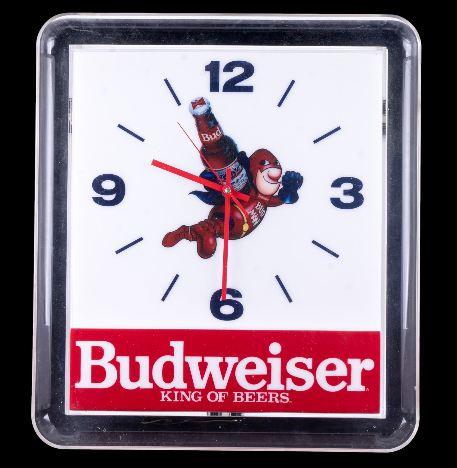 Budweiser Bud Man Illuminated Wall Clock: Budweiser "Bud Man" illuminated wall clock, model 1835, manufactured by DS Merchandising and Displays, Inc. in St. Louis, MO, dated March 8, 1991. Features Bud Man character and Budweiser branding. El