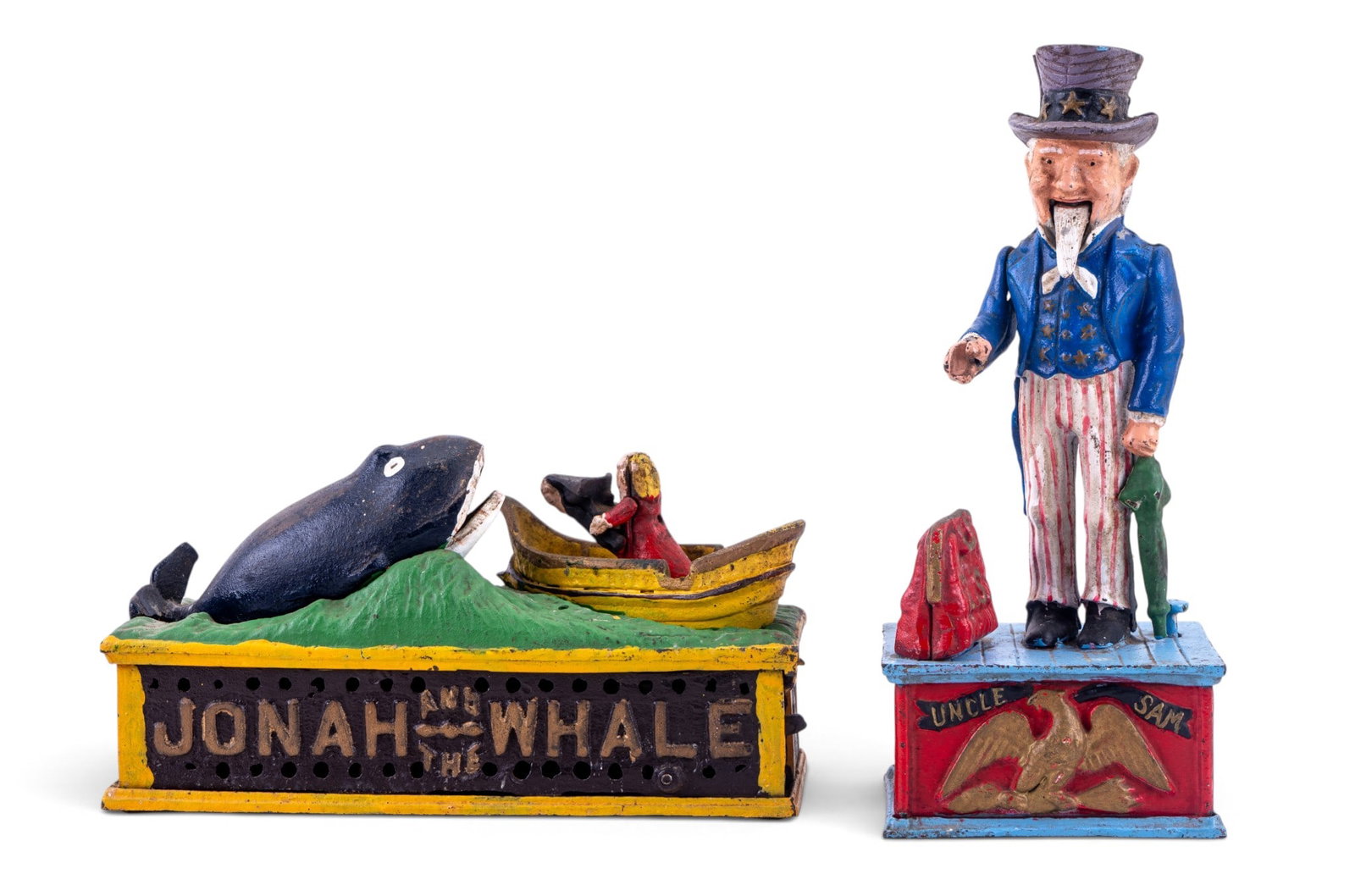 Mechanical Banks Jonah & the Whale & Uncle Sam: Two antique style ?painted cast iron mechanical banks: one depicting Jonah and the Whale with a lever-action mechanism, the other featuring Uncle Sam in patriotic attire holding a coin bag and
