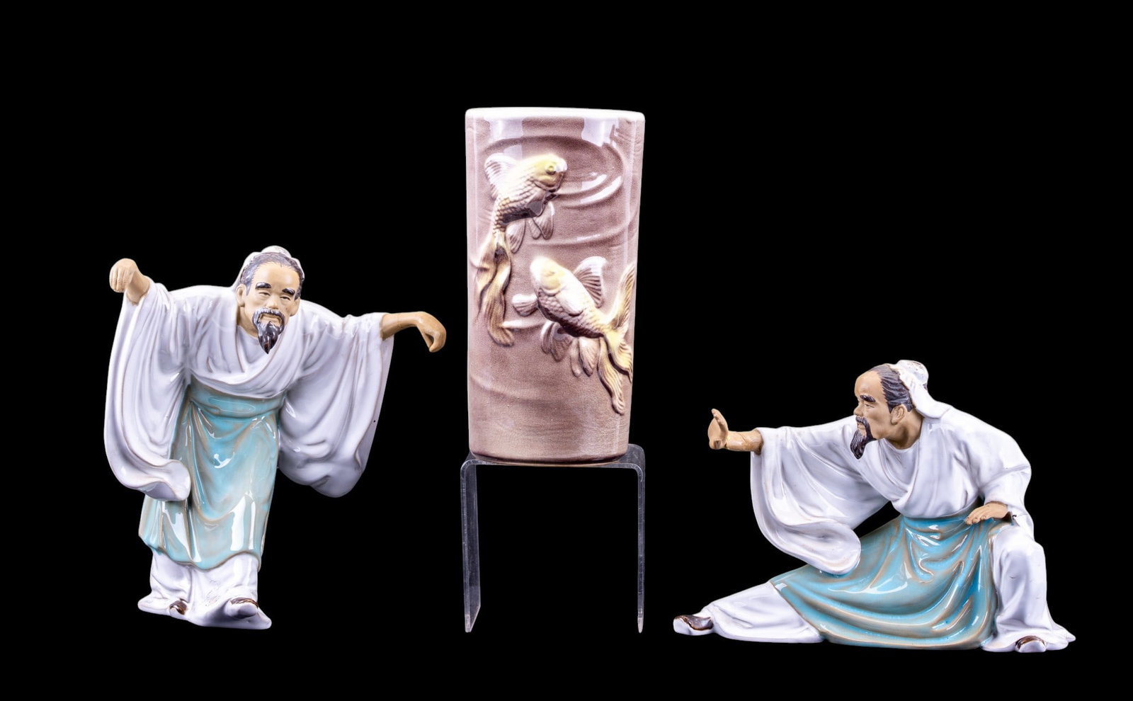 Royal Copley Vase & Two Large Mud-men.: Royal Copley ceramic vase featuring Koi Fish and two large mud-men.