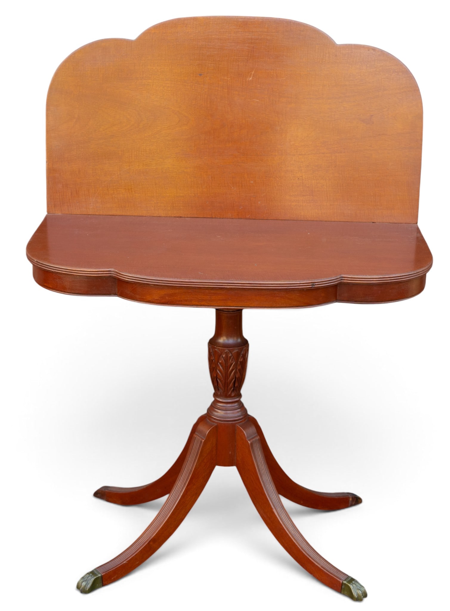 Vintage Neoclassical Style Flip Top Card Table: A vintage Neoclassical style flip to card table featuring a carved wood post and brass claw feet, note two feet caps will require replacement. Fully open it measures approx. 34" W x 36" D x 28" H.