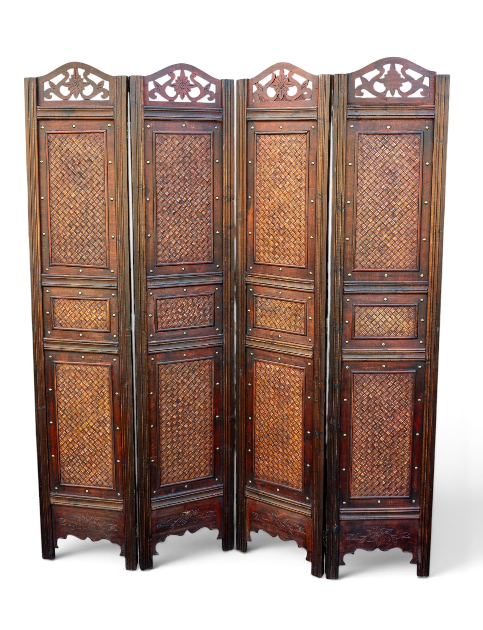 Contemporary Wood Room Partition: A contemporary four-panel wood room partition with decorative basket weave sections. Each panel measures approx. 15" W x 72" H.
