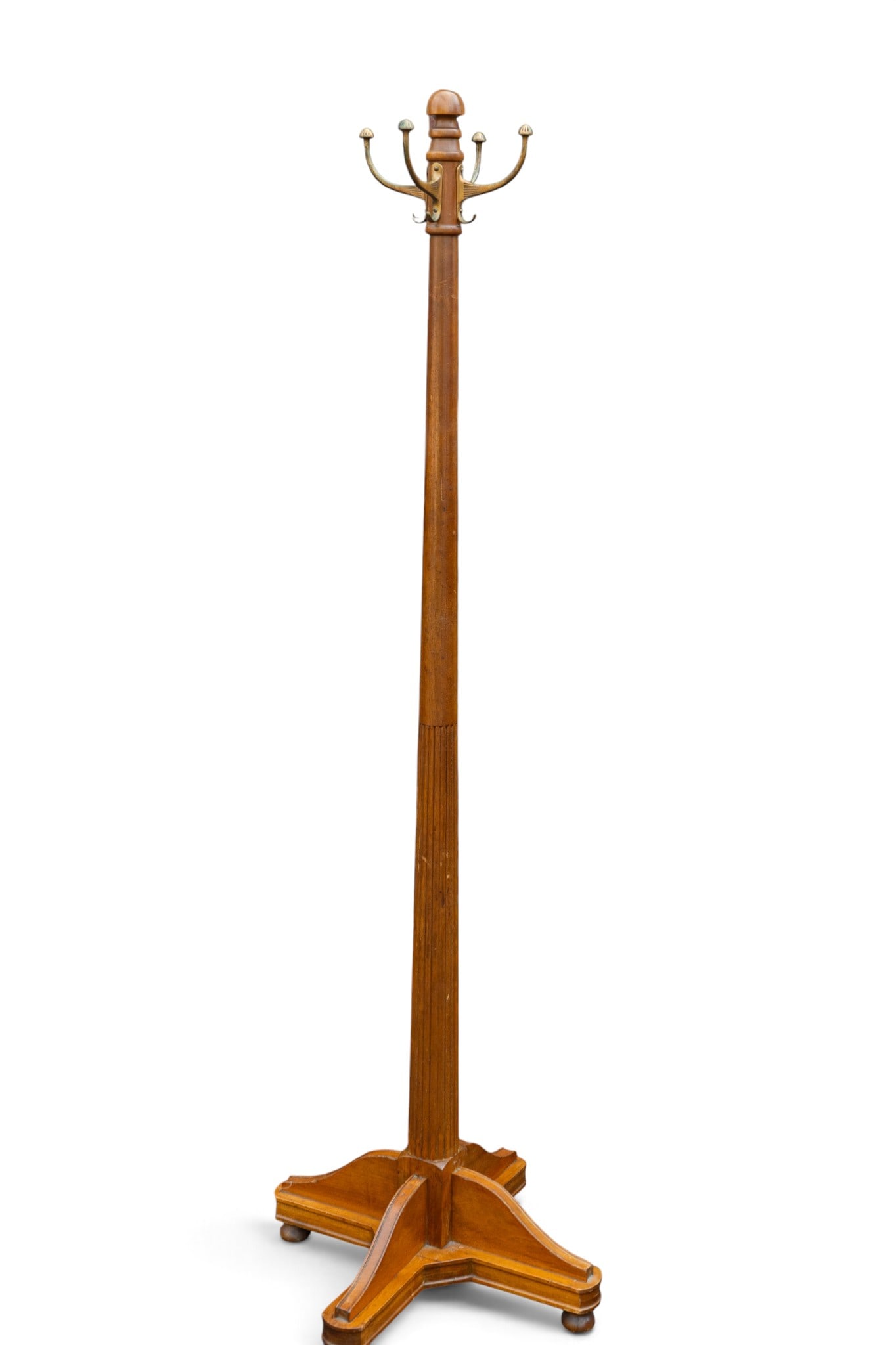 Contemporary Oak Hat Rack: A contemporary turned oak wood hat rack with four brass hooks, measures approx. 21" W x 21" D at the base, 67" H.