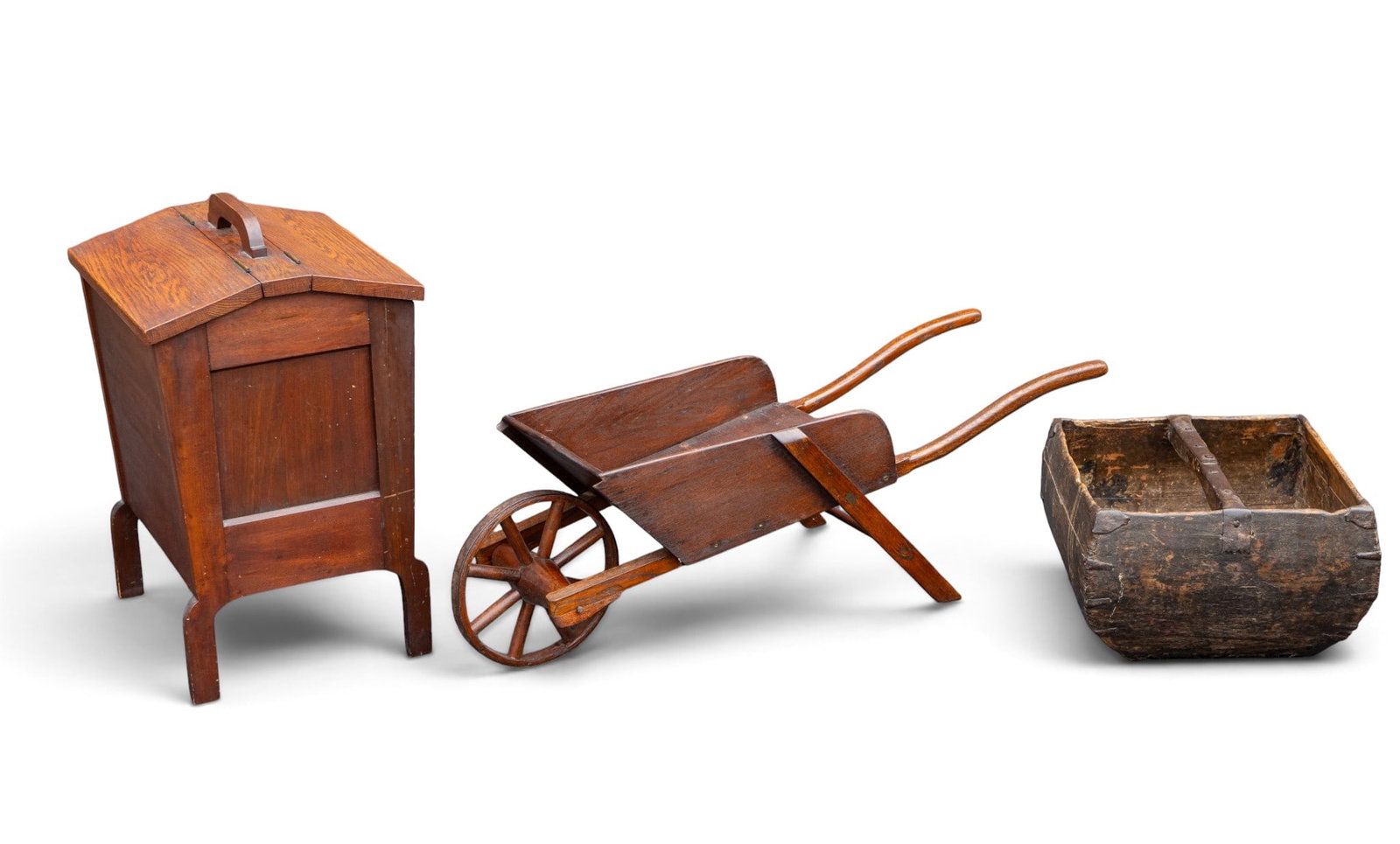 Wooden Gable Lid Yarn Box & More: A wooden gable lidded yarn box with handle, approx. 15" W x 14" D x 23" H, a 19th C Chinese wooden handled rice basket, approx. 13" W x 13" Dx 10" H, and an early wooden wheel barrow salesman sample,