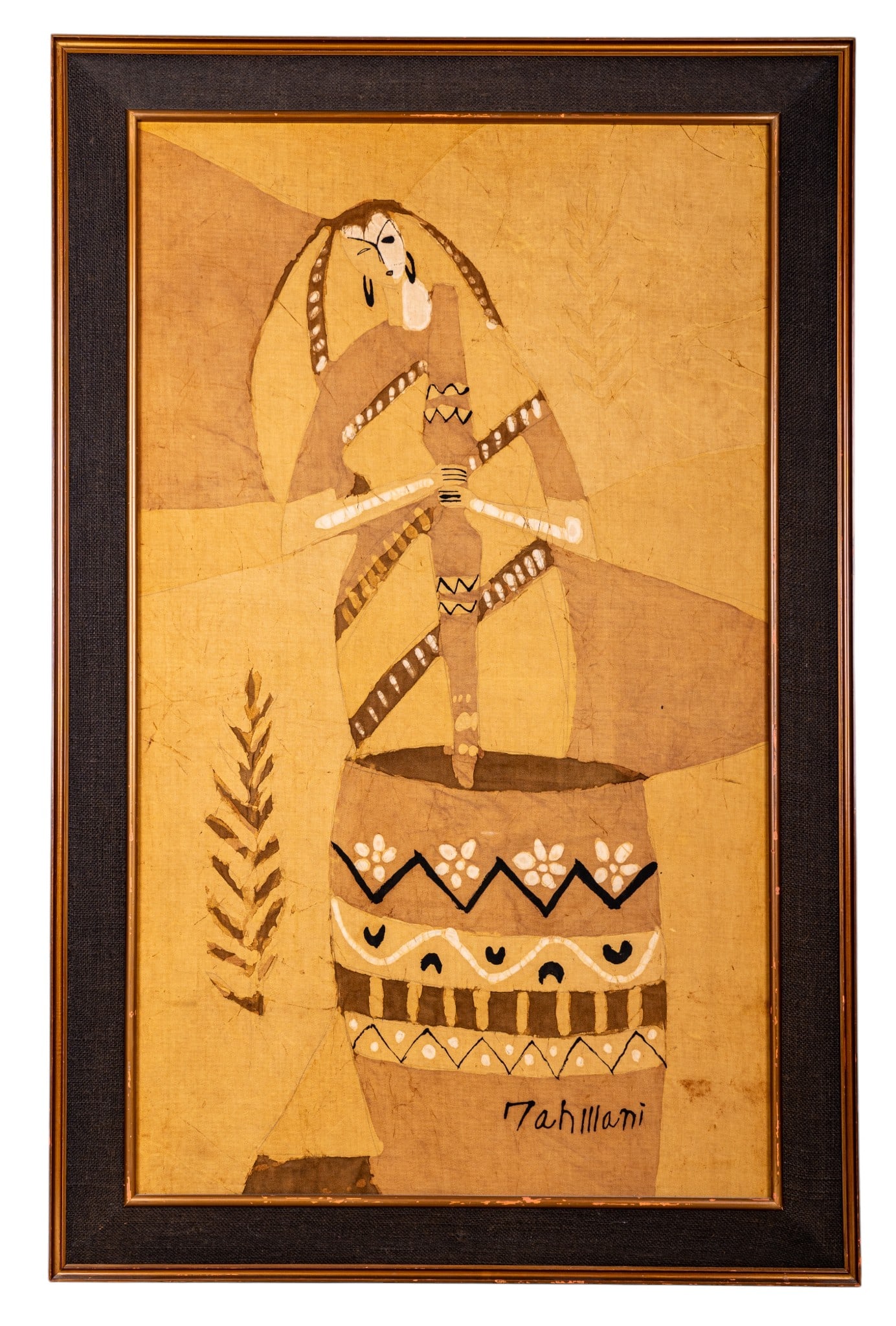 Tribal Batik Painting - Signed, Frame: Big batik style painting oriented in a hanging portrait format frame. Appears to portray a tribal person of unknown origin stirring a pot or barrel-like vessel. Artist signature in lower center-right