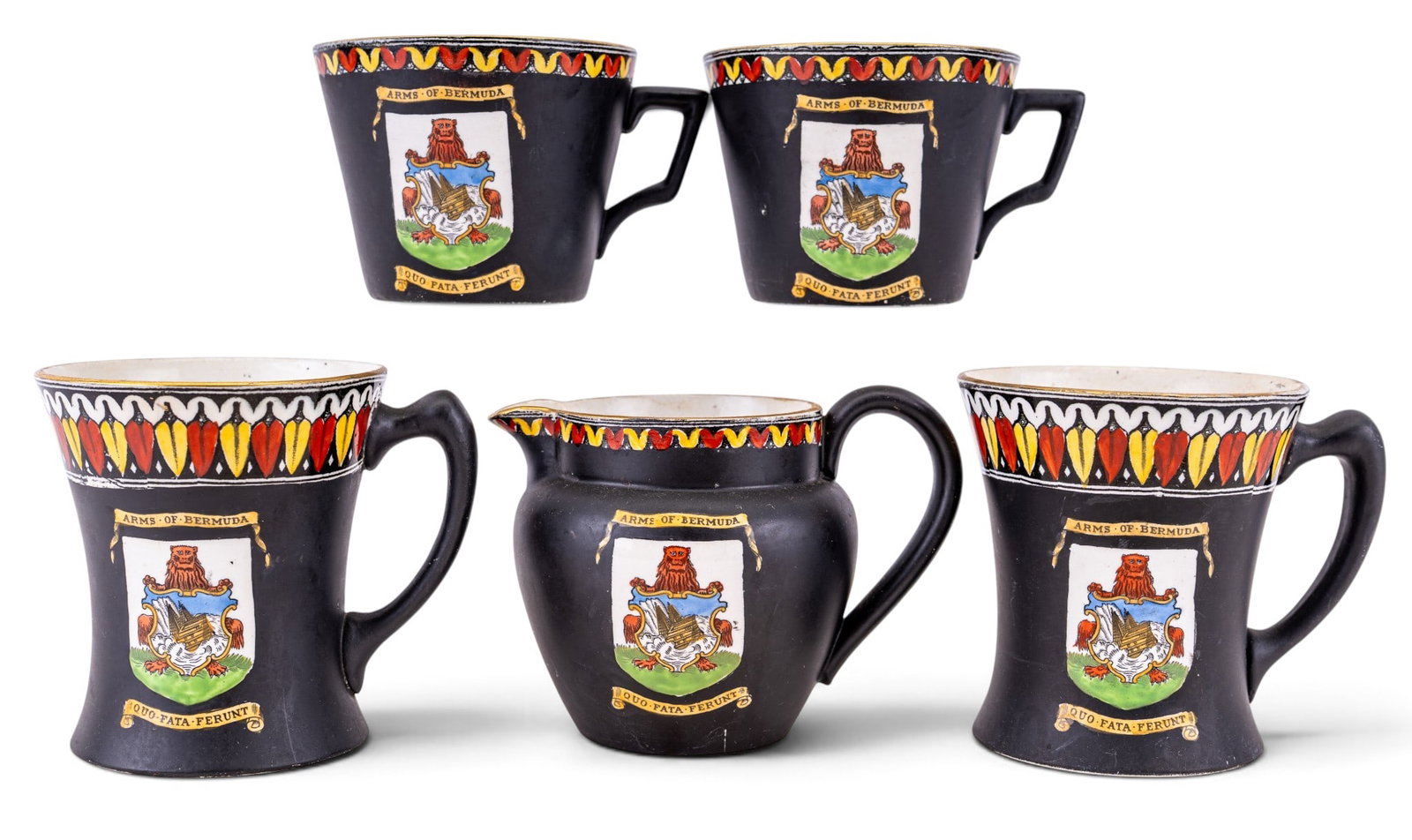 Vintage Adams Tunstall Arms of Bermuda 5 Piece Set: Creamer pitcher, two mugs and two teacups comprise this matching five piece set made by renowned pottery and ceramics manufacturer Adams Tunstall of England. Part of the company's Etruscanware line